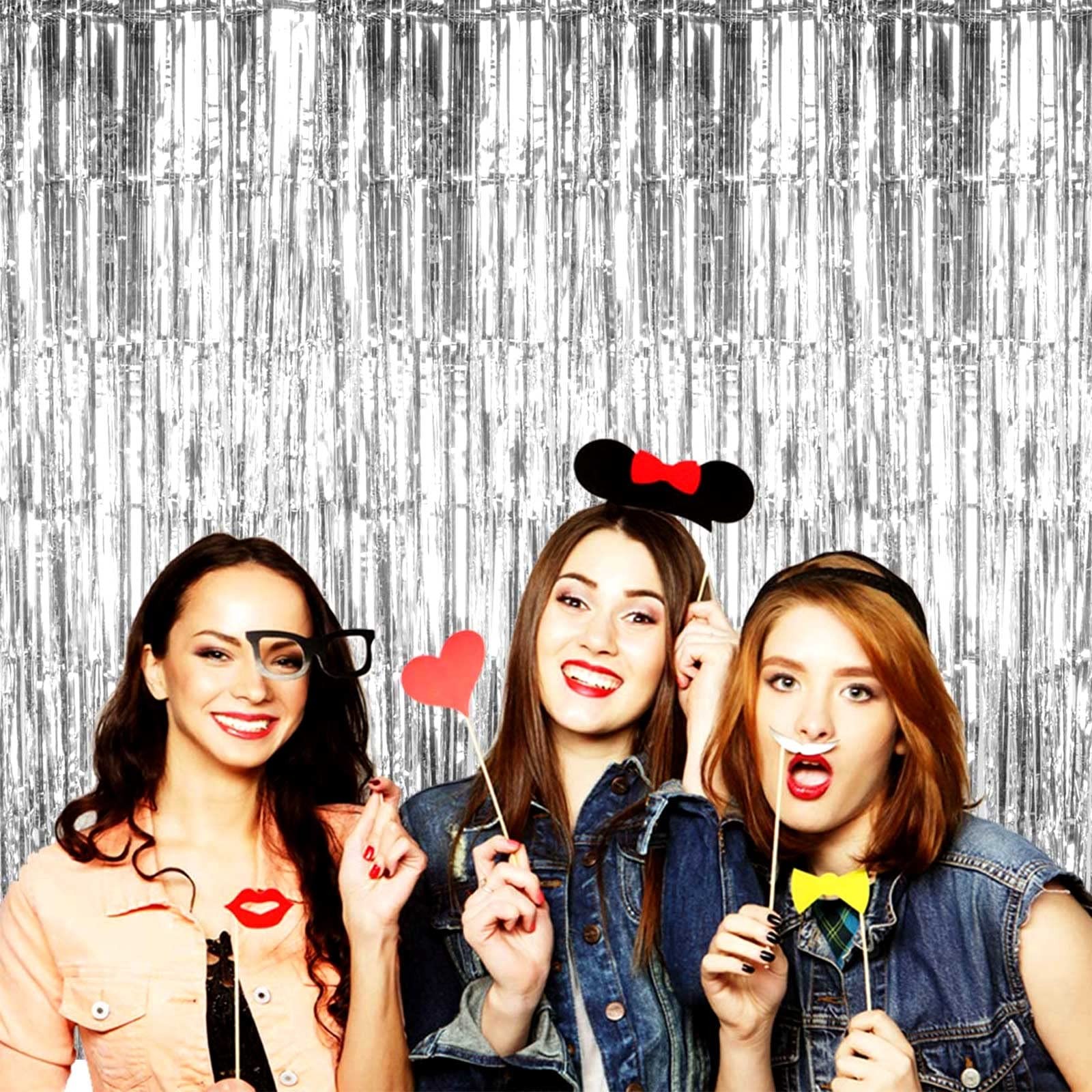 4 PCS 3.28×6.56 Ft Silver Metallic Foil Fringe Curtain Backdrop Streamers