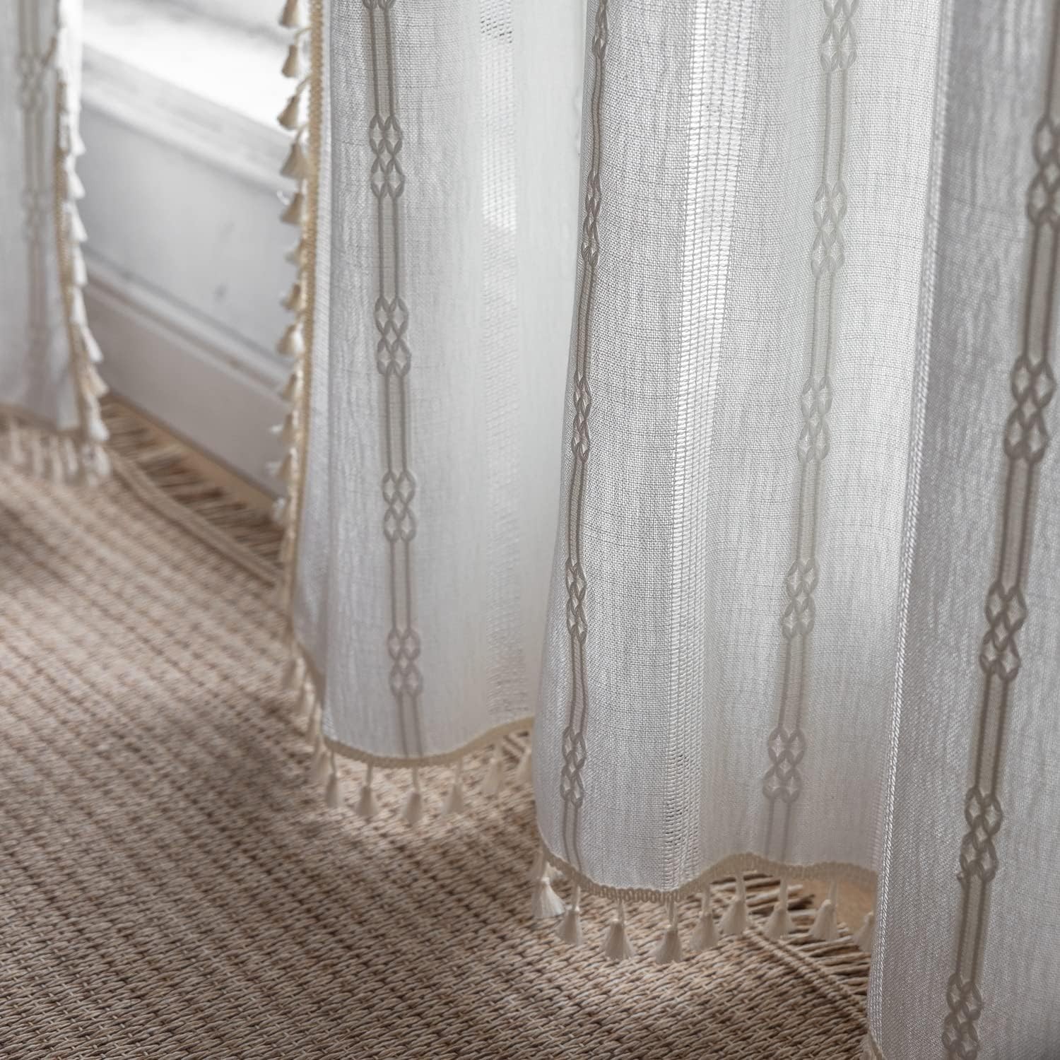 Bohemian-style embroidered linen curtains, 96 inches long, 2 panels,