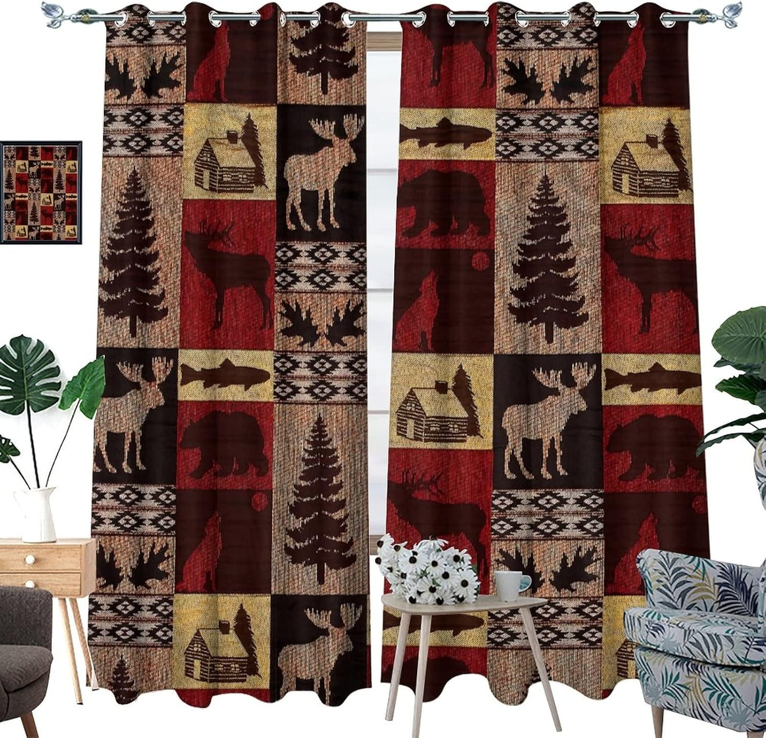 Rustic Cabin Blackout Curtains, Moose Bear Elk Plaid, 2 Panels 84×42
