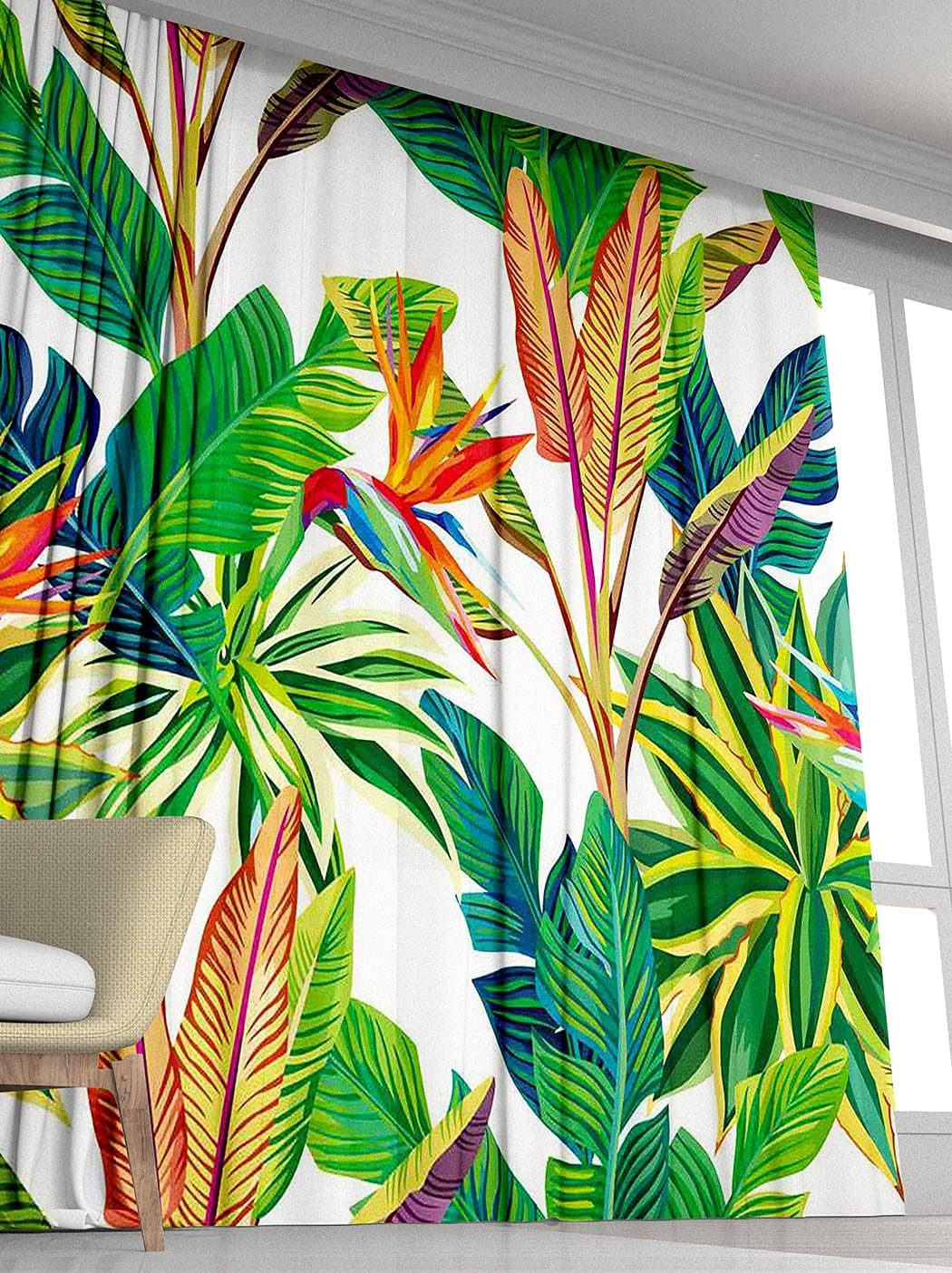 Tropical Plant Window Drapes Curtain Sunny Cheerful Day the Jungle Birds Paradis