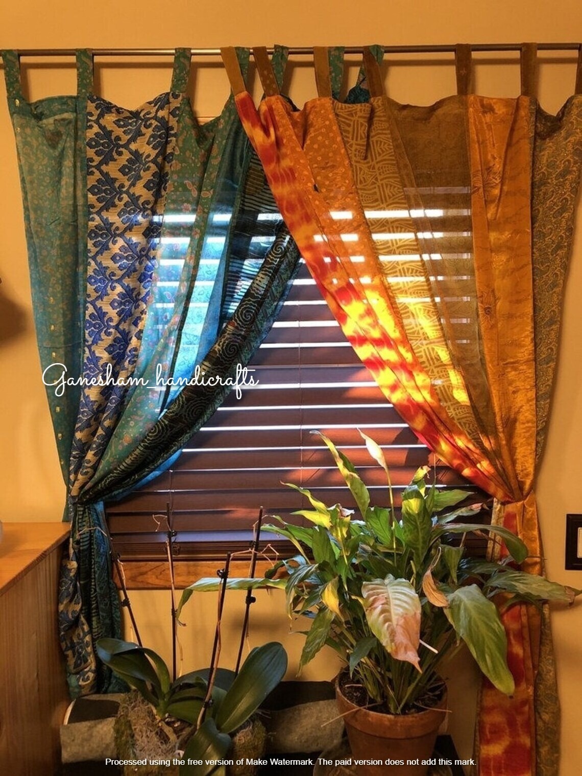 1Pc Indian Sari Patchwork Curtain Drape Window Decor Orange Silk Sari Curtain