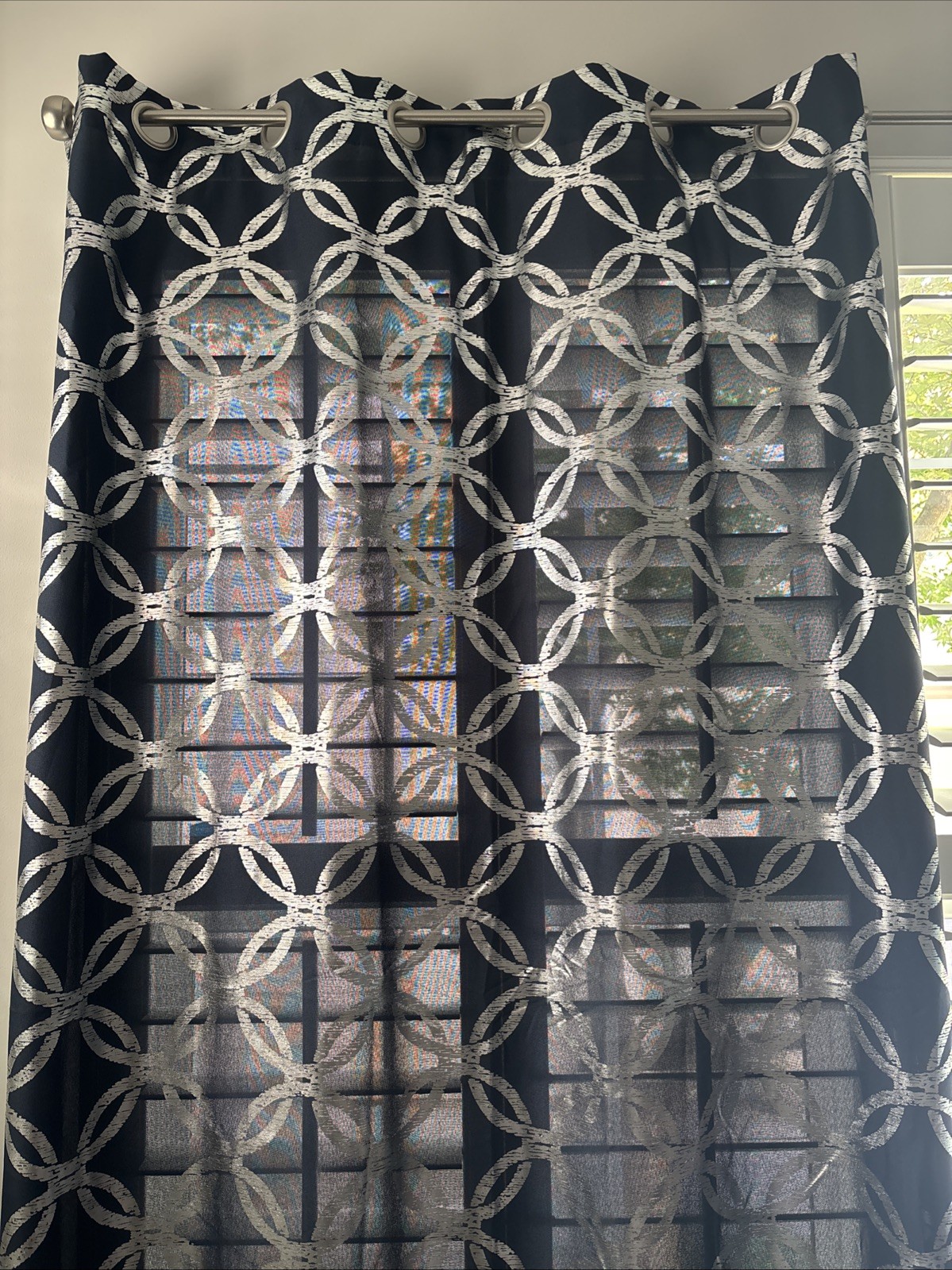 Navy & Silver Geometric Metallic Grommet Top Curtains 2 Panels Set 54″ X 96″ In