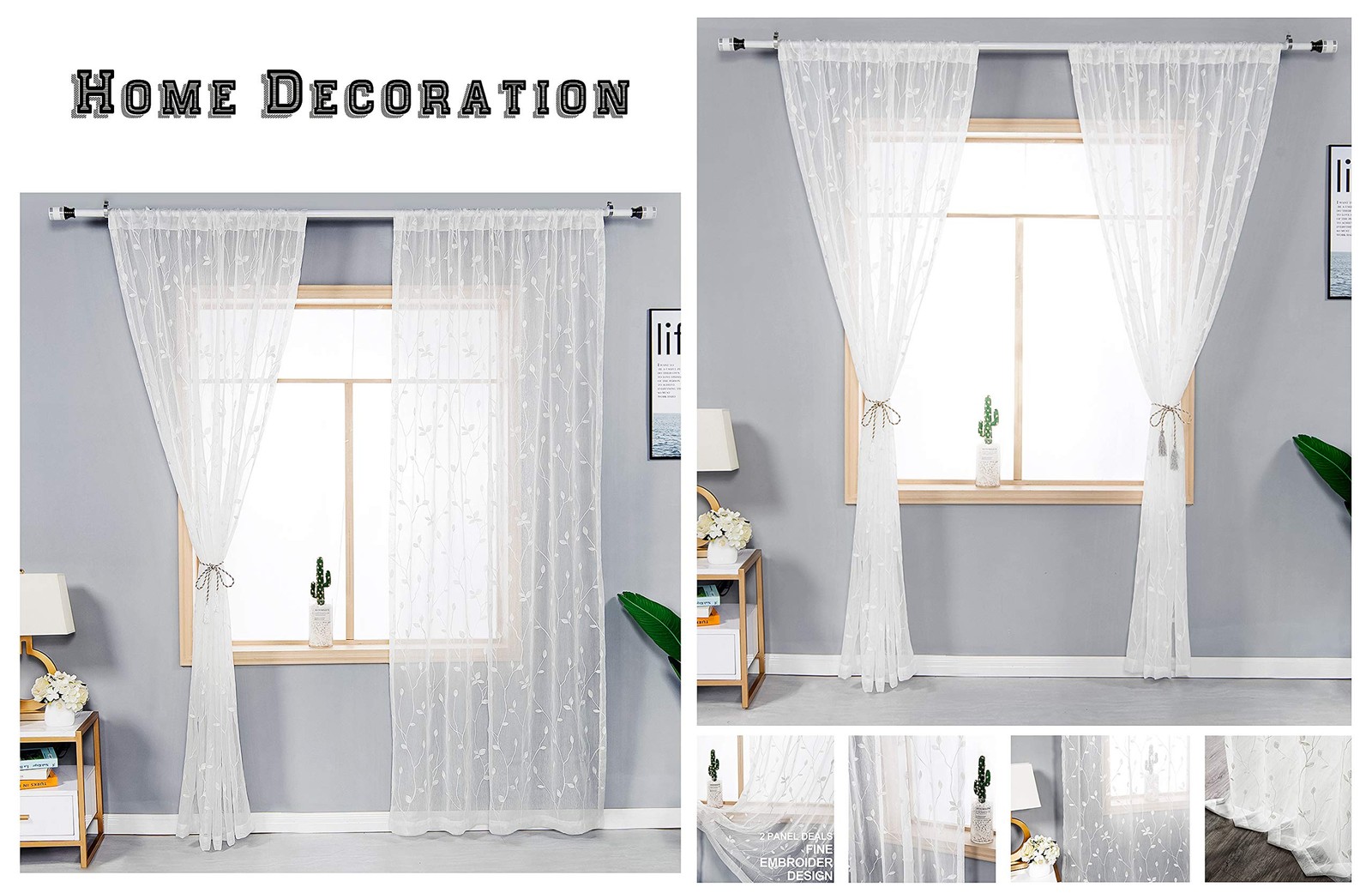 2 Panels Embroidered Leaf Pattern Semi Sheer Curtains Foliage Floral Voile Wi…