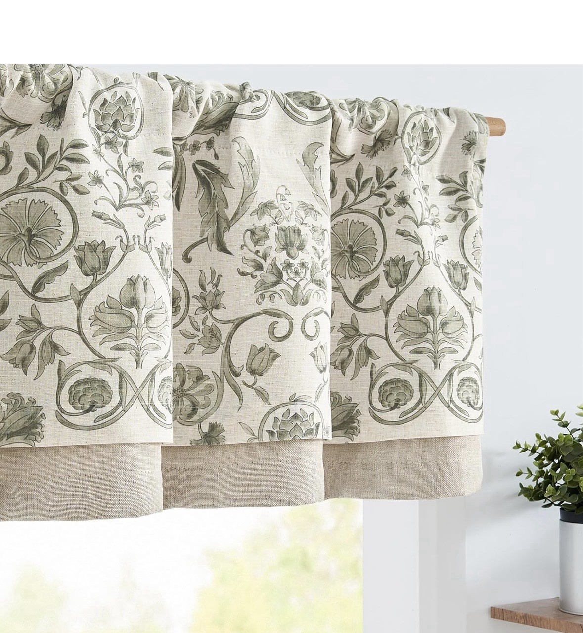 2 Jinchan Linen Valances Double Layer 16 in. Rod Pocket 2 Panels Green on Beige