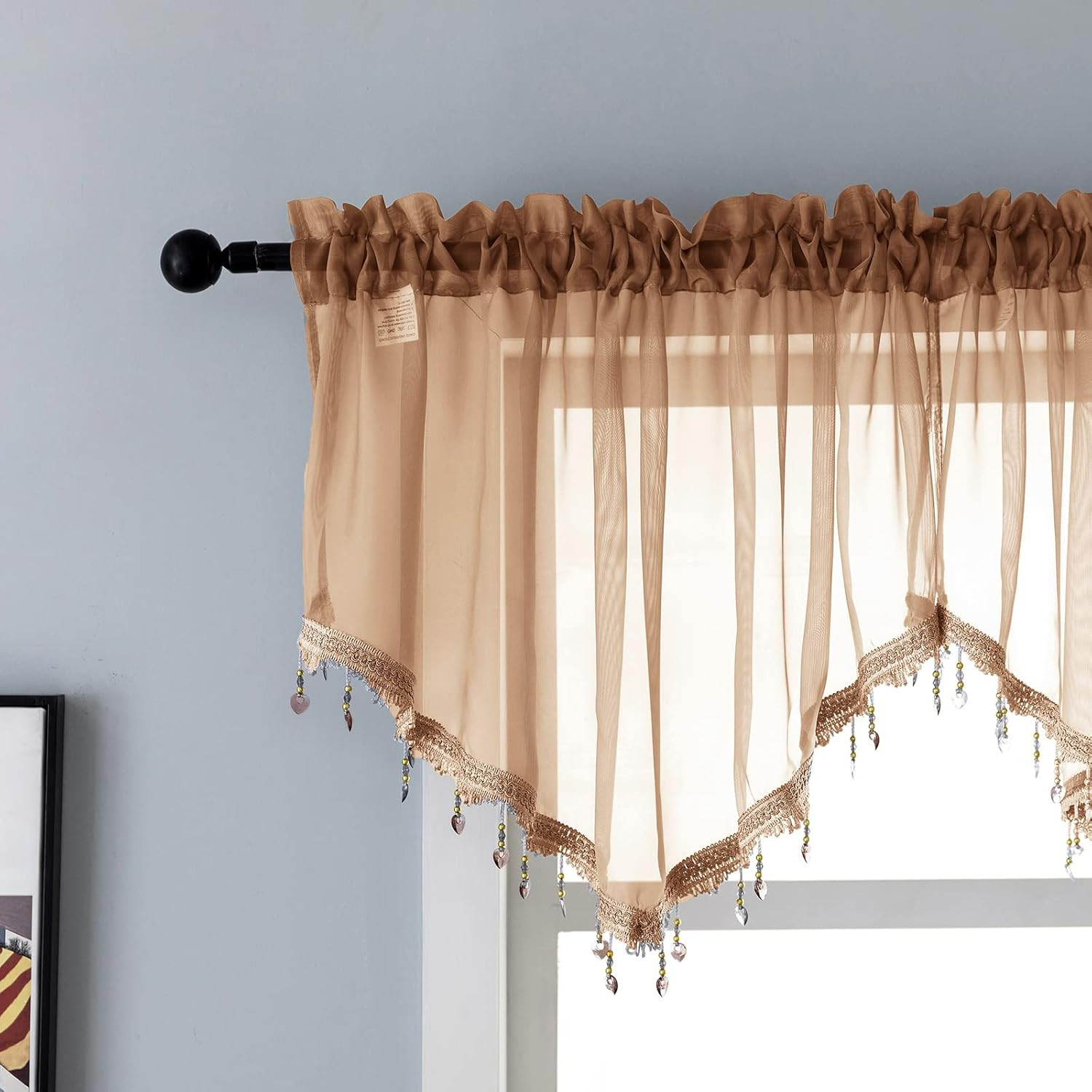 Beaded Sheer Valance Curtains for Living Room,Rod Pocket Farmhouse Window Valanc