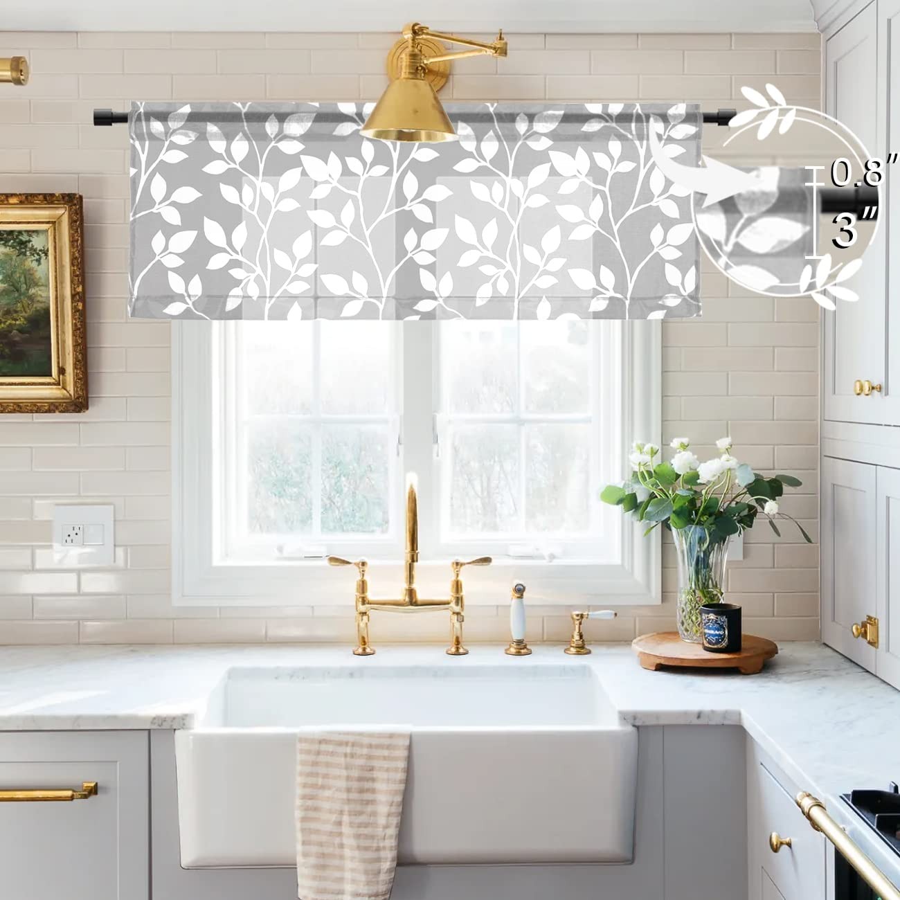 Sheer Valances for Kitchen Windows, Gray and White Leaf Spring Curtain Valenc…