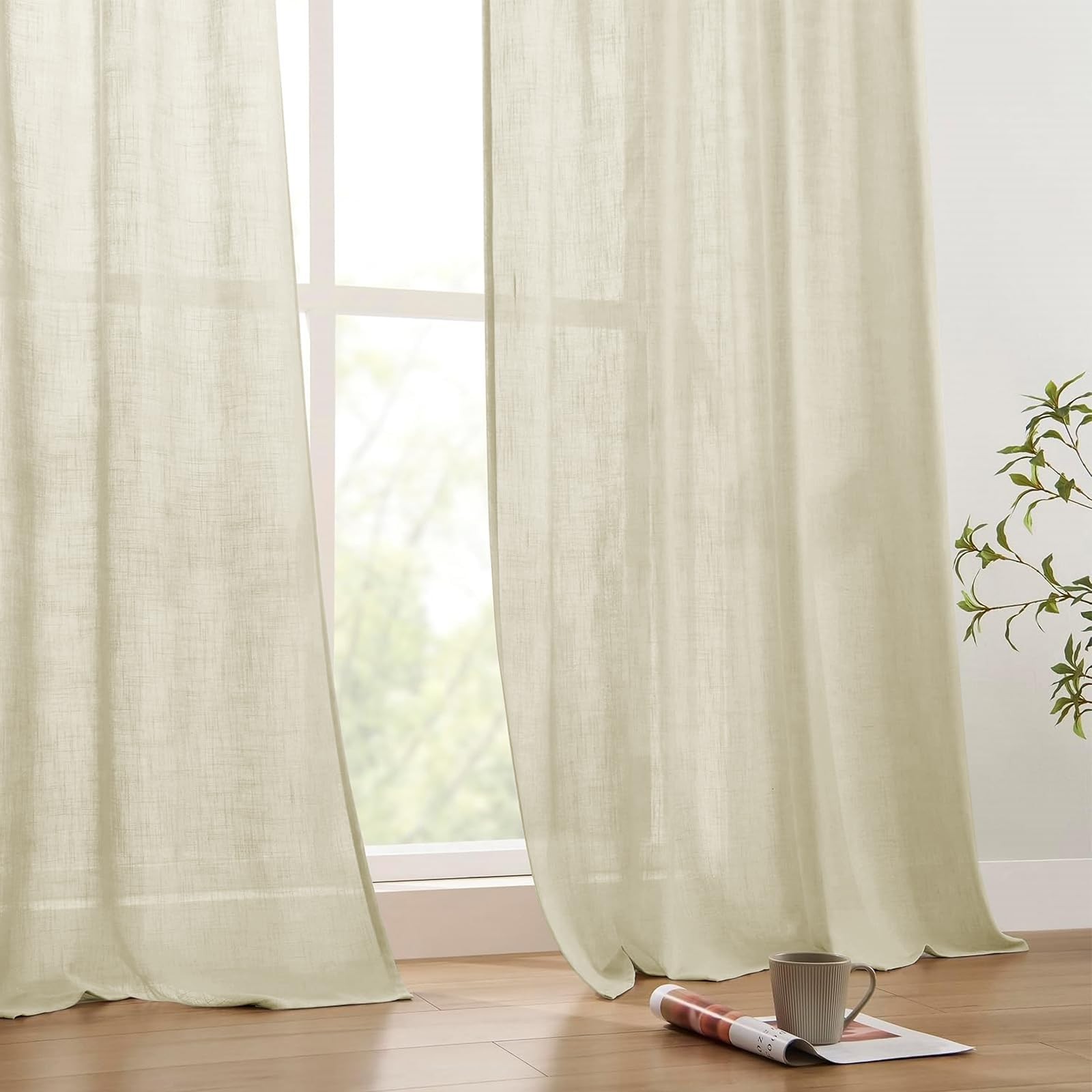 Joydeco Linen Curtains Set 2 Panels 52″W x 72″L Natural Light Filtering Drapes
