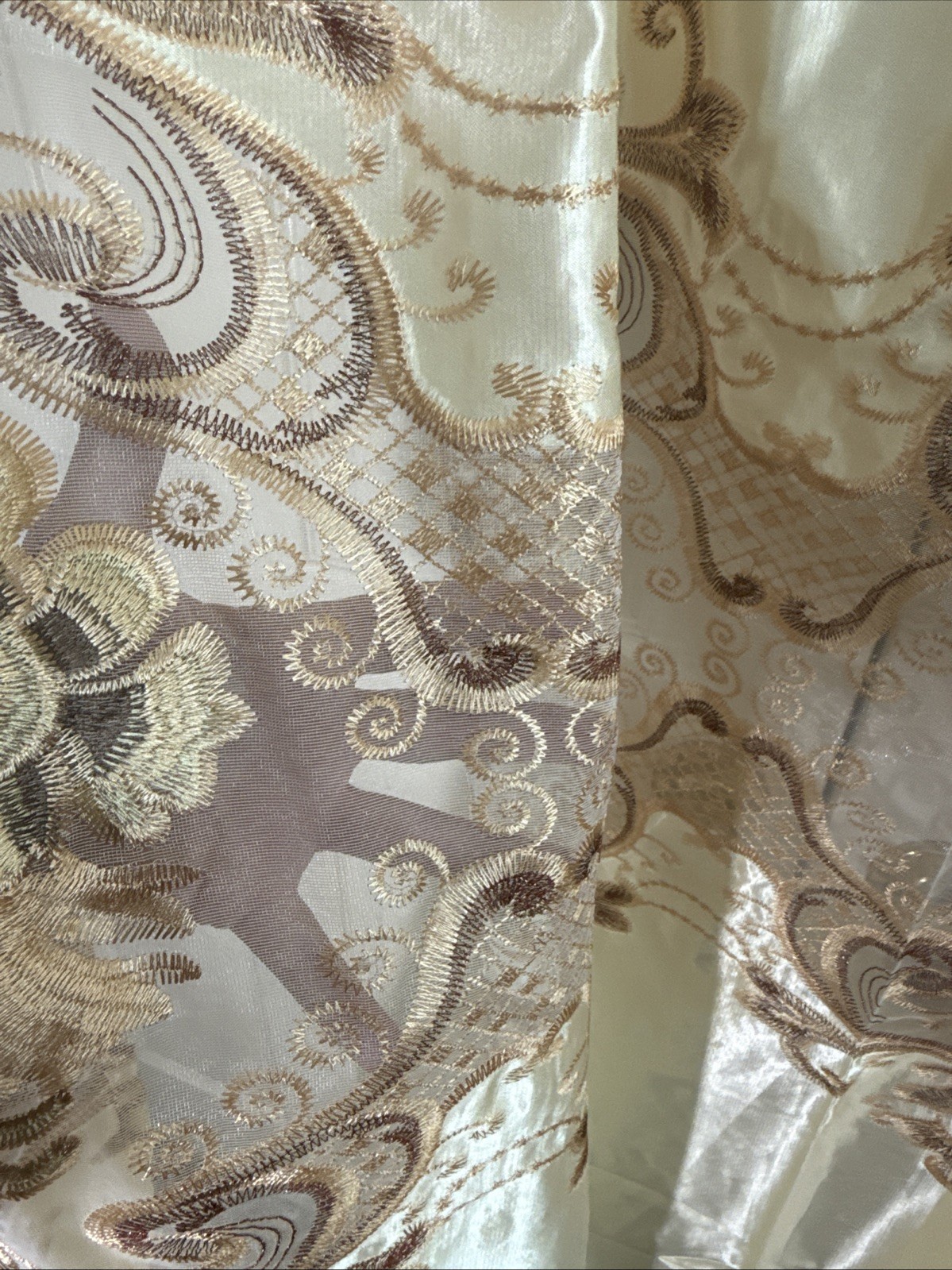 Drapes 2 Panels Beige w/ Attached Valance, Shimmer Satin, Sheer Lace 54 X 87”