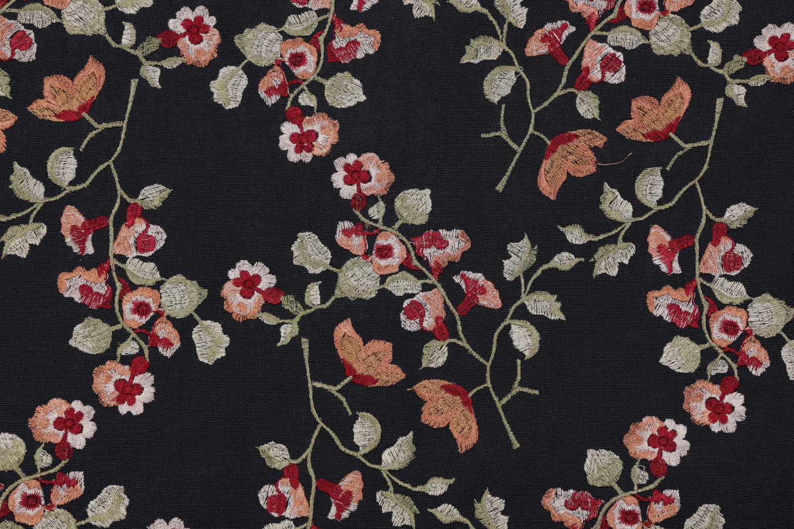 2 DRAPES Densely Embroidered Ruby Red Green Floral on Ink Black Taffeta