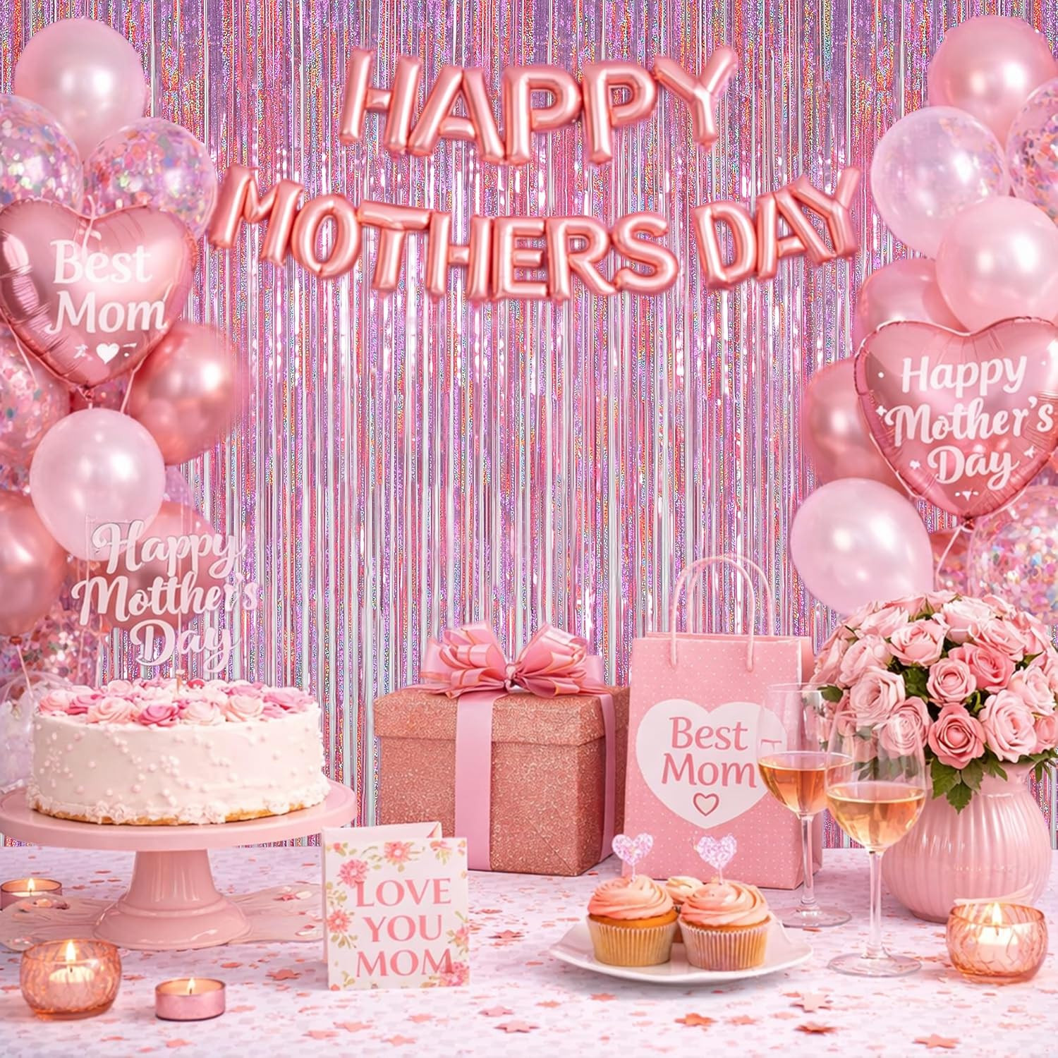Pink Tinsel Curtains Backdrop, 3.2 Ft X 8.2 Ft Sparkle Metallic Foil Curtains fo