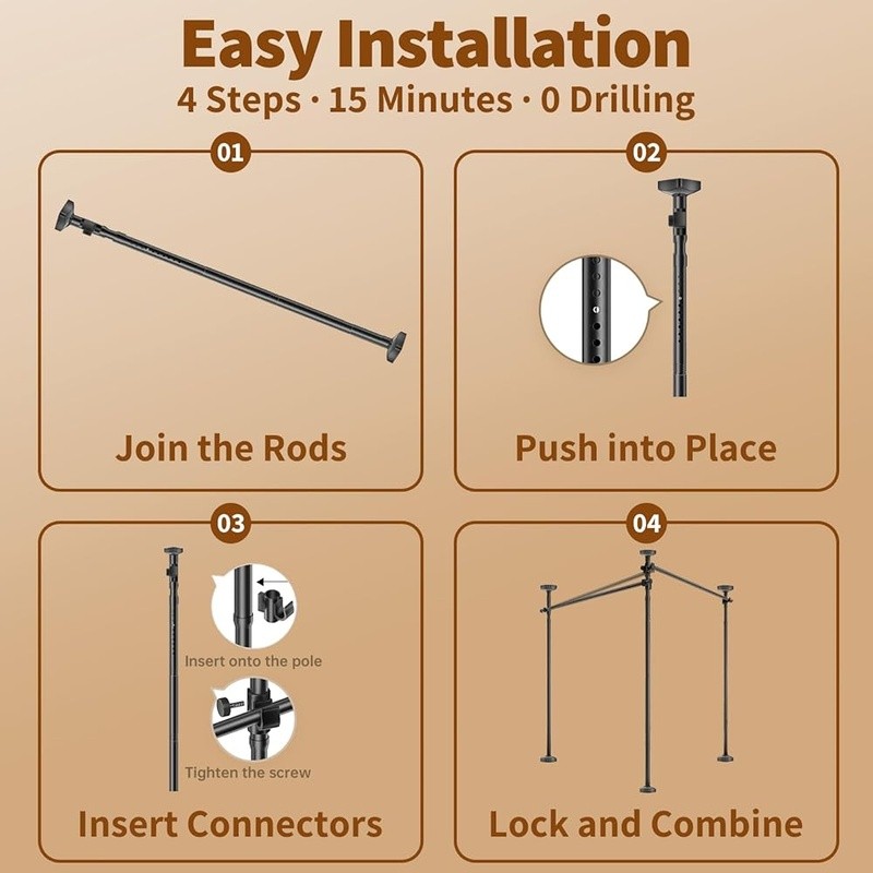 Adjustable No Drill Room Divider Curtain Rod Tension Mounted Strong Load-bearing