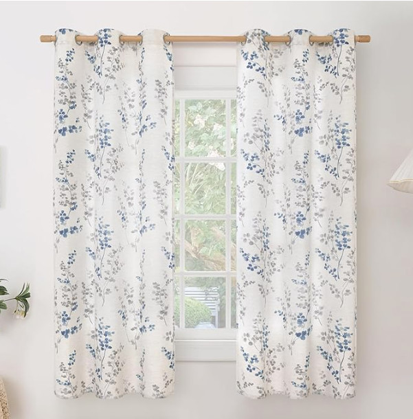 BGment Linen Curtains 63″ Floral Light Filtering 2 Panels Set Sage Blue/Gray