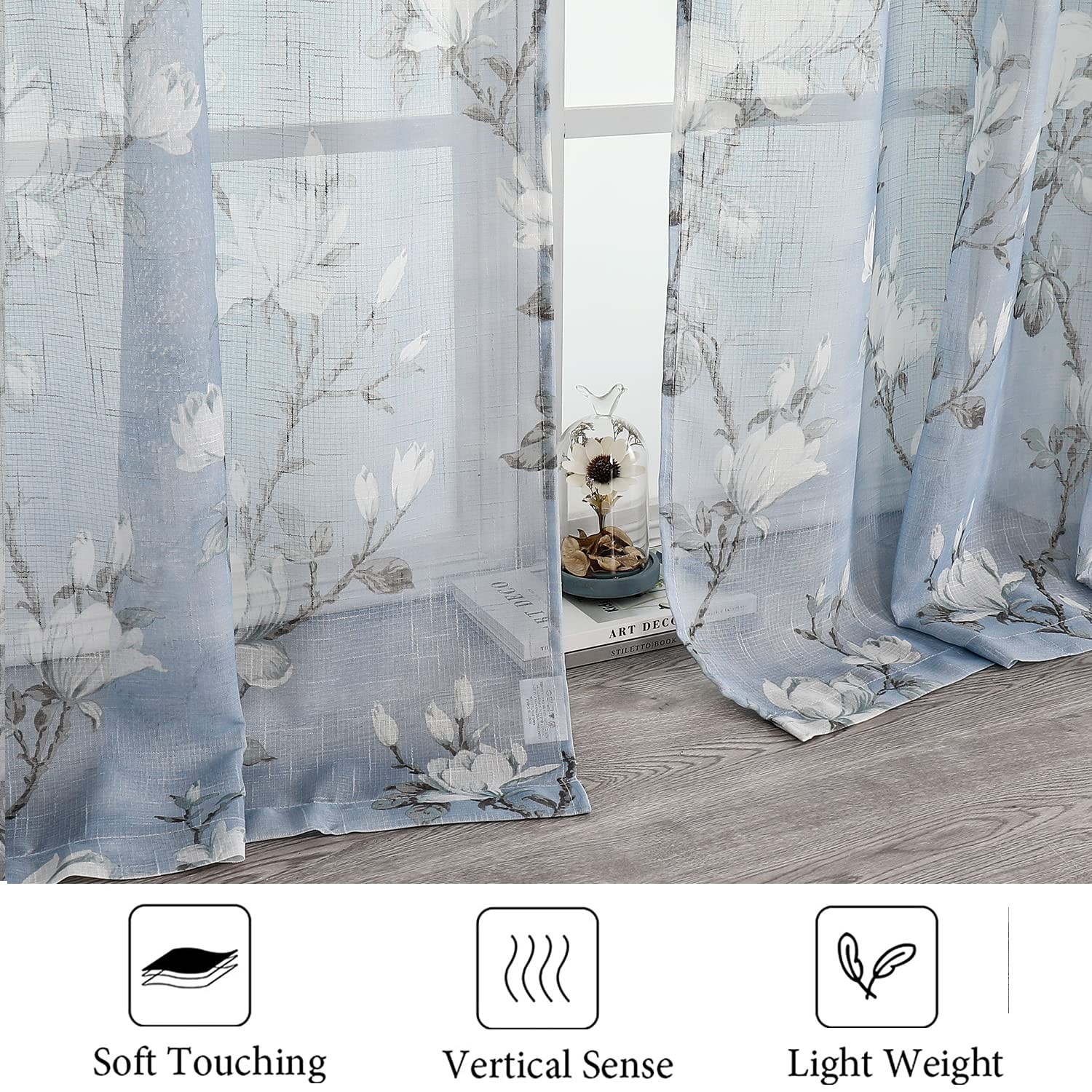 Blue Floral Semi Sheer Curtains 63 Inch 2 Panels