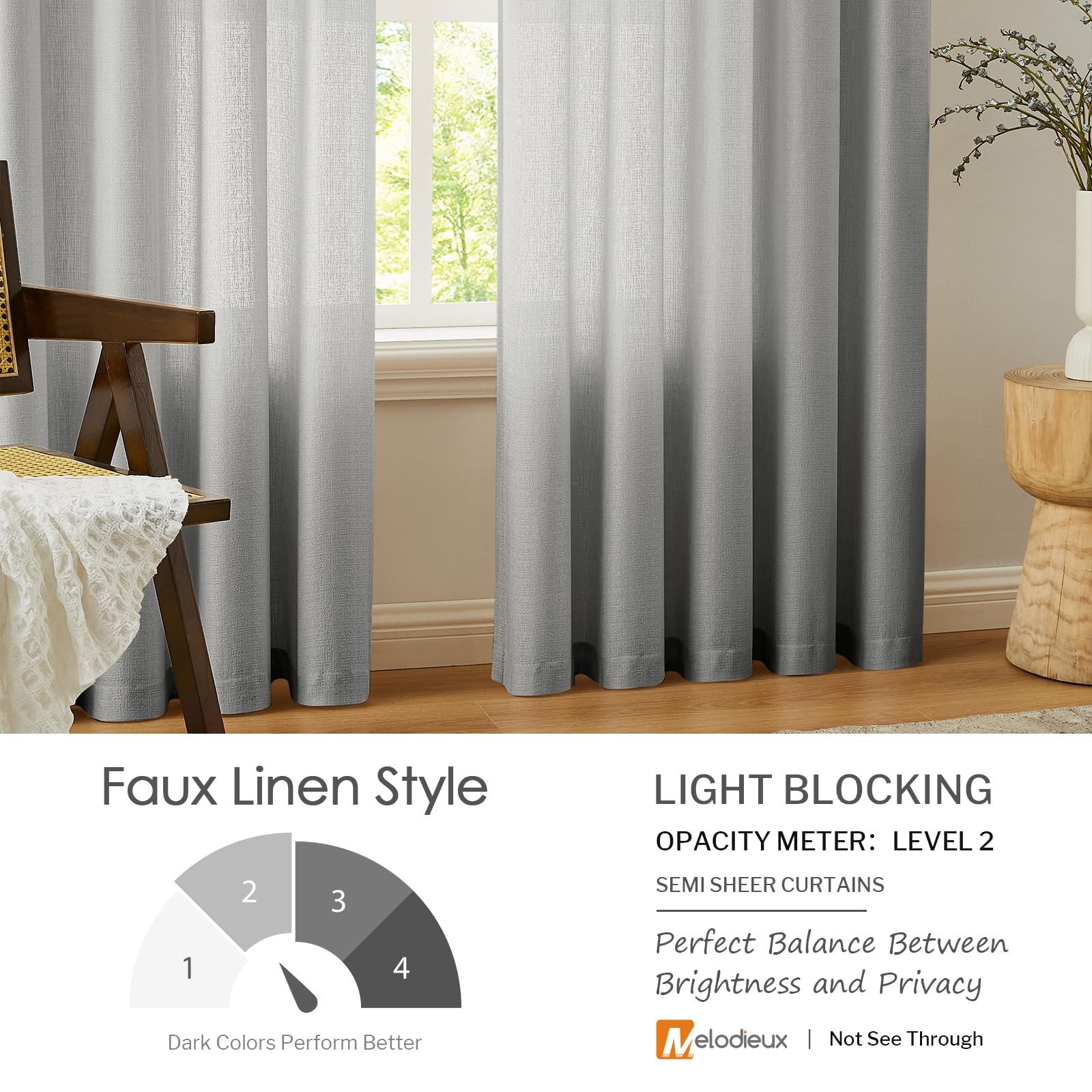 Gray Semi Sheer Curtains 84 Inches Long for Living Room, Bedroom Linen Look W…