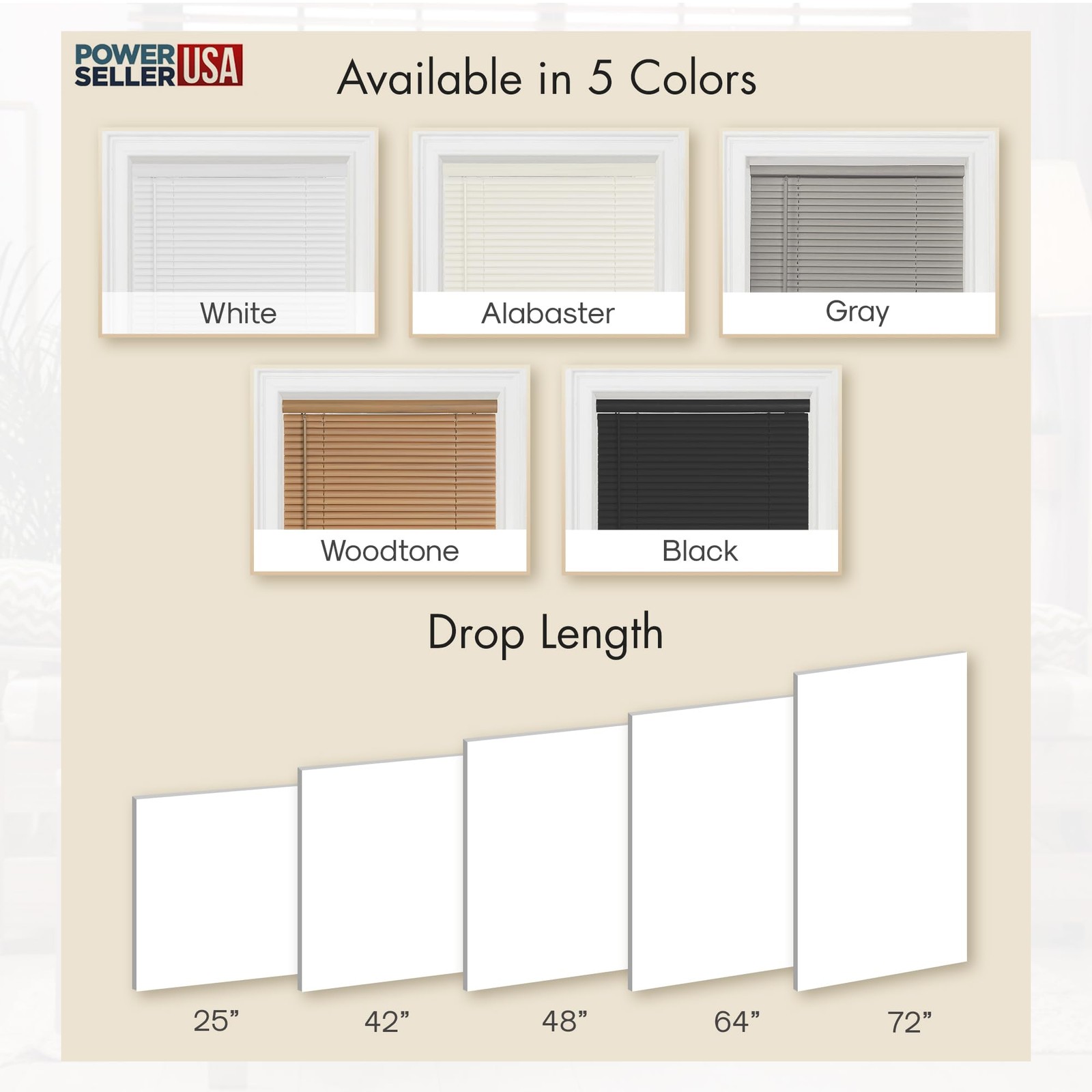 PowerSellerUSA 1″ Slats Cordless Window Blinds, 64L x 35″W x 64″H, Woodtone
