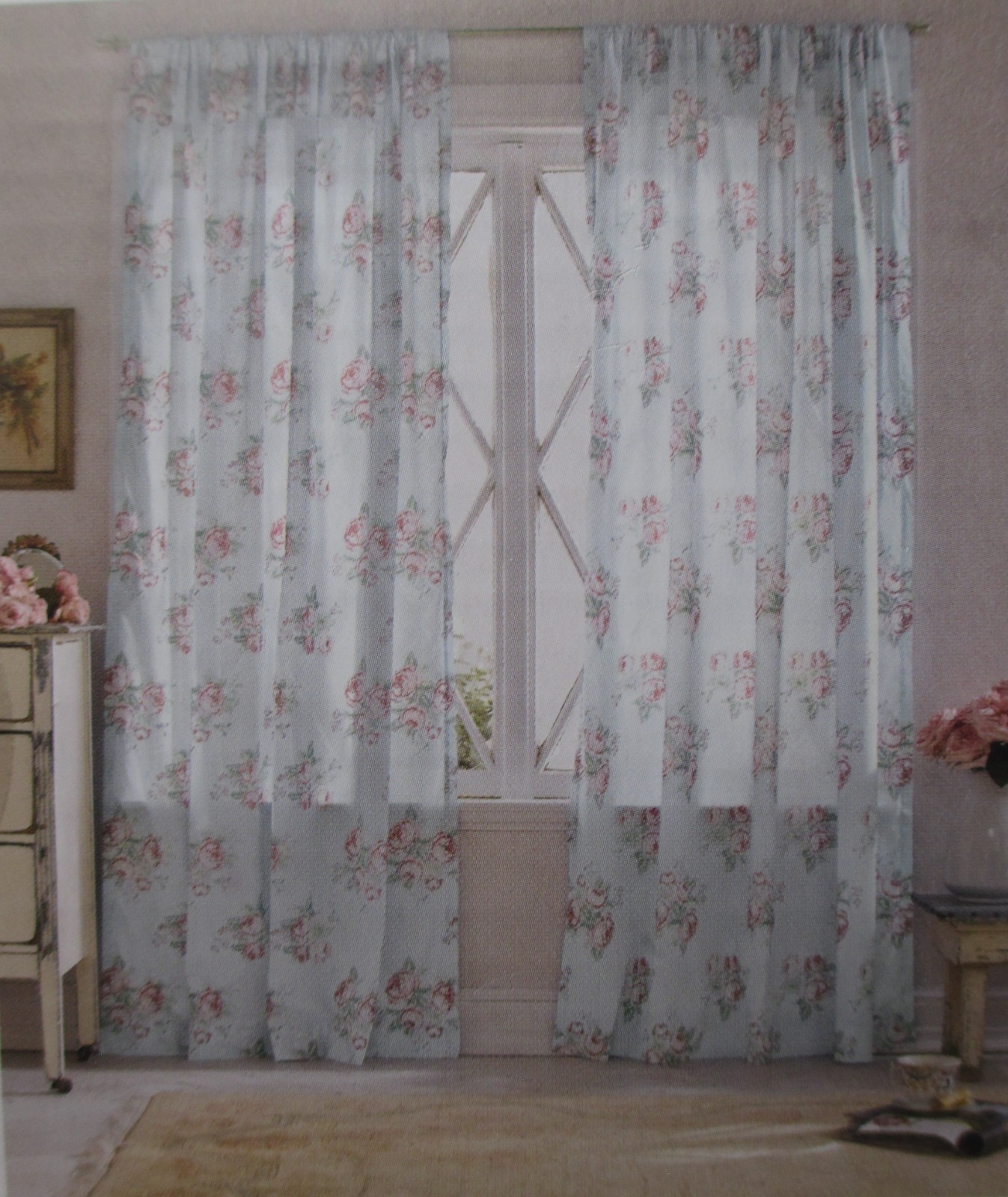 Simply Shabby Chic Blue Voile Cabbage Rose Floral Panels Curtains Drapes Pair