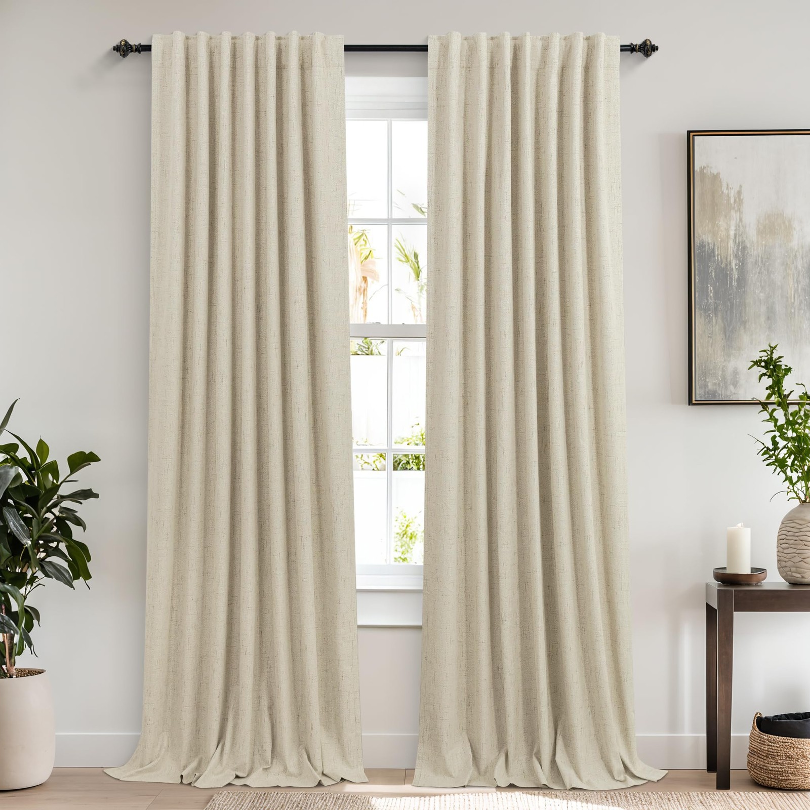 132 Inch Extra Long Blackout Curtains,Linen Beige Pleated Back Tab Black Out …