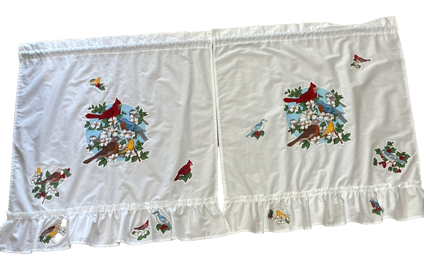4 pc Vintage Cafe Birds Curtain Set White Ruffled Country Farmhouse Style