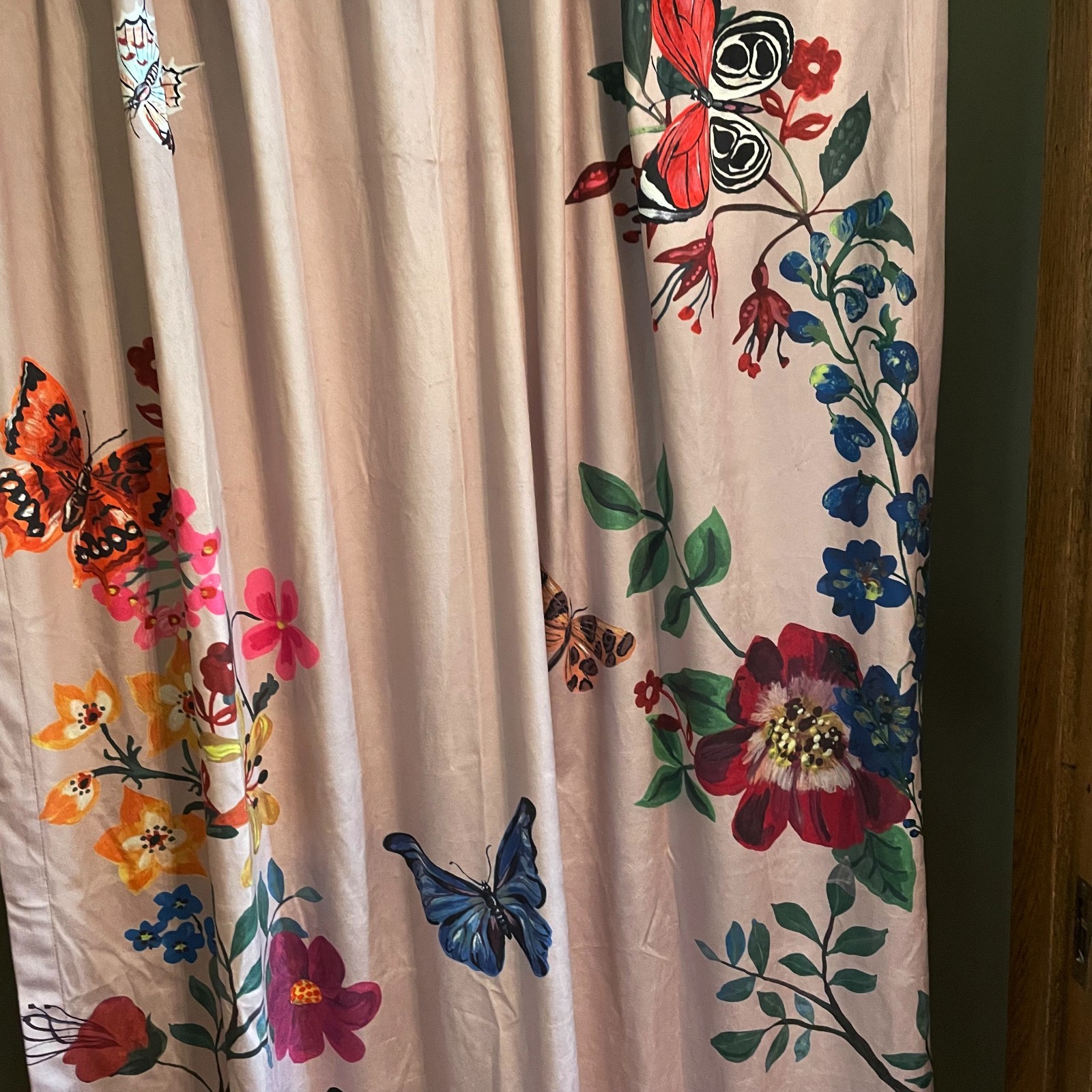 Natalie Leté Anthropologie Pink Velvet Butterfly Floral Curtain Panel 50″ x 63″