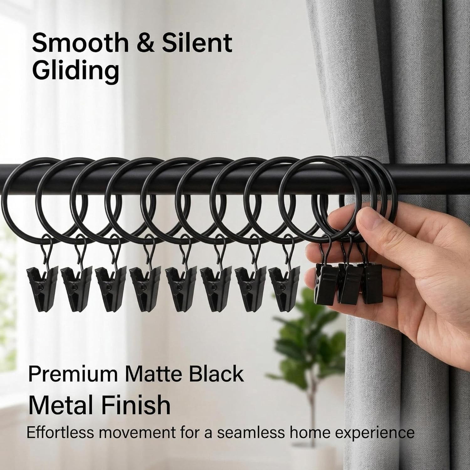 50PCS Curtain Rings with Clips – Curtain Clips Black Drapery Rings with Fastener