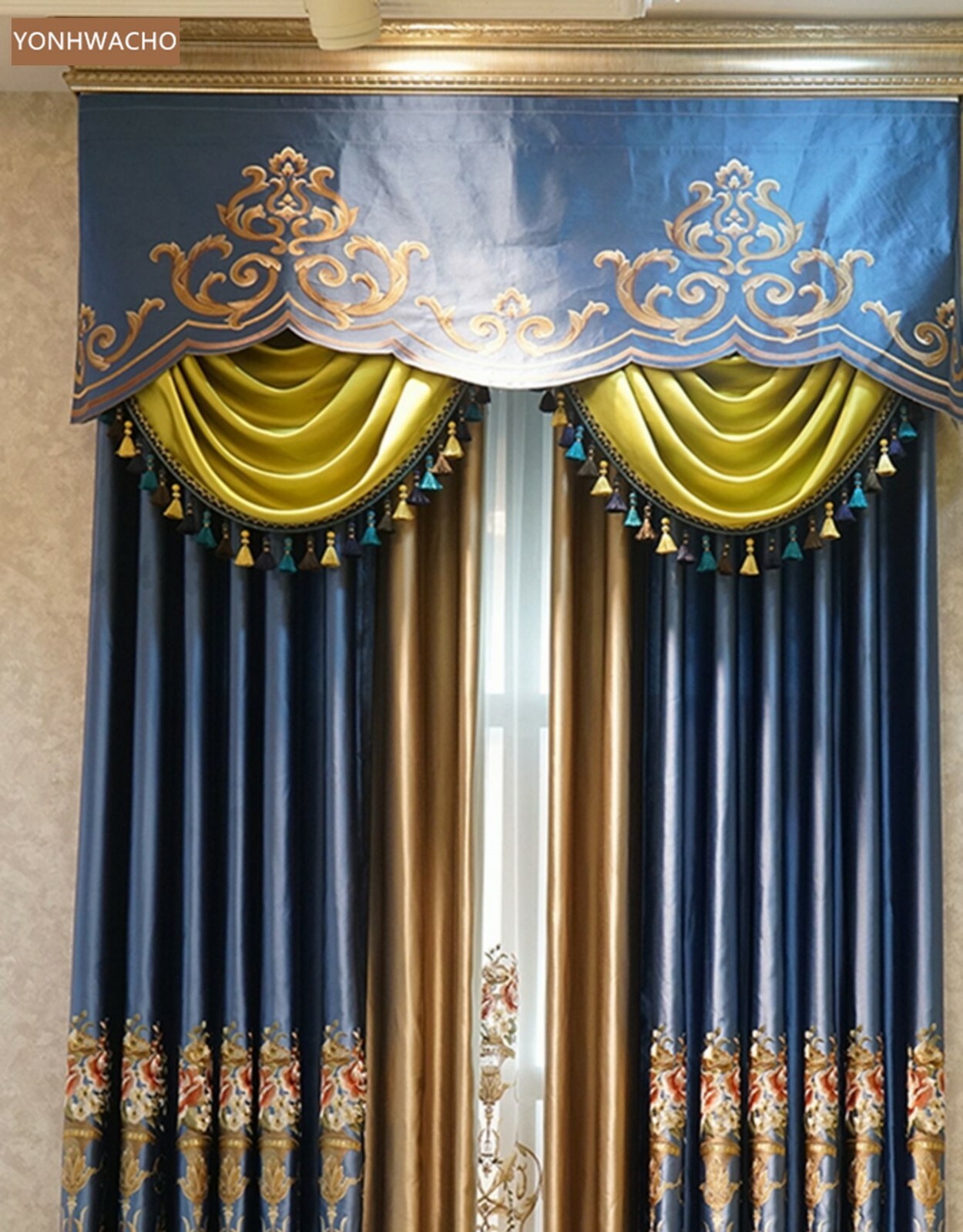 high-precision embroidered blue cloth curtain valance tulle drapery C762