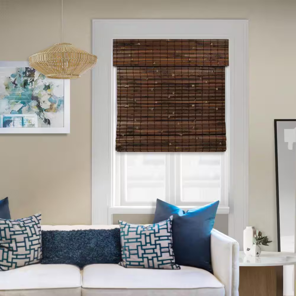 Natural Woven Light Filtering Cordless Bamboo Roman Shades for Windows, 33 In. W