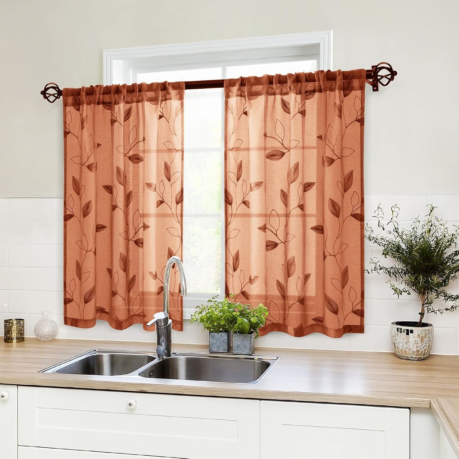Beautiful Embroidered Leaf Burnt Orange Sheer Curtains – 30 X 36 Inch – 2 Panels