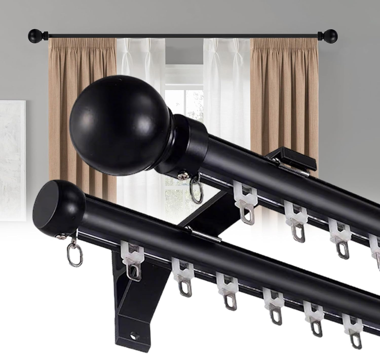 Heavy Duty Double Curtain Rods with Decorative Finials – 1.5M Black