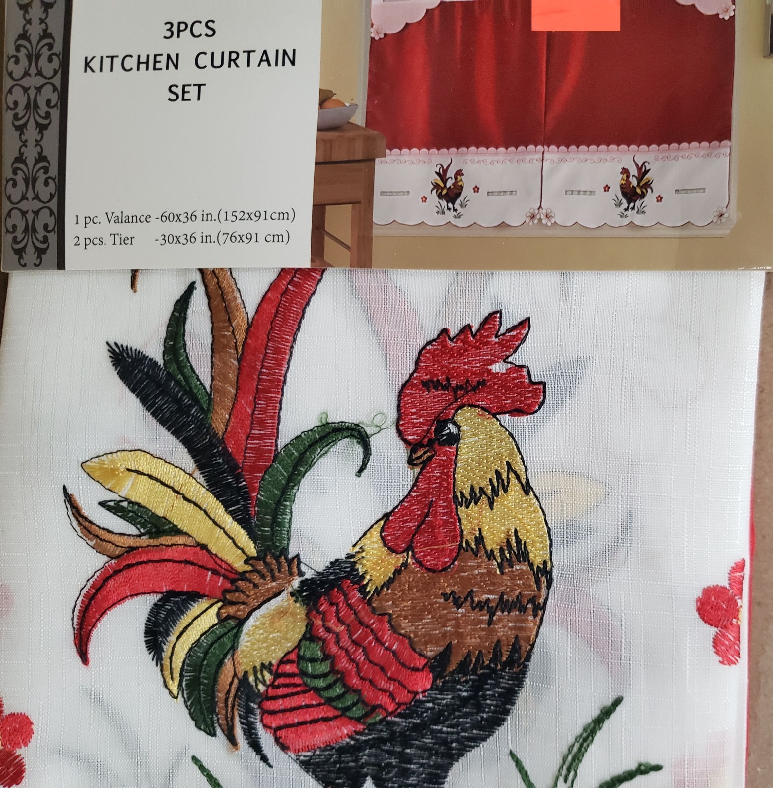 3pc. Embroidery Curtains Set: 2 Tiers & Swag, MULTICOLOR ROOSTER,RED ROOSTER,ACP