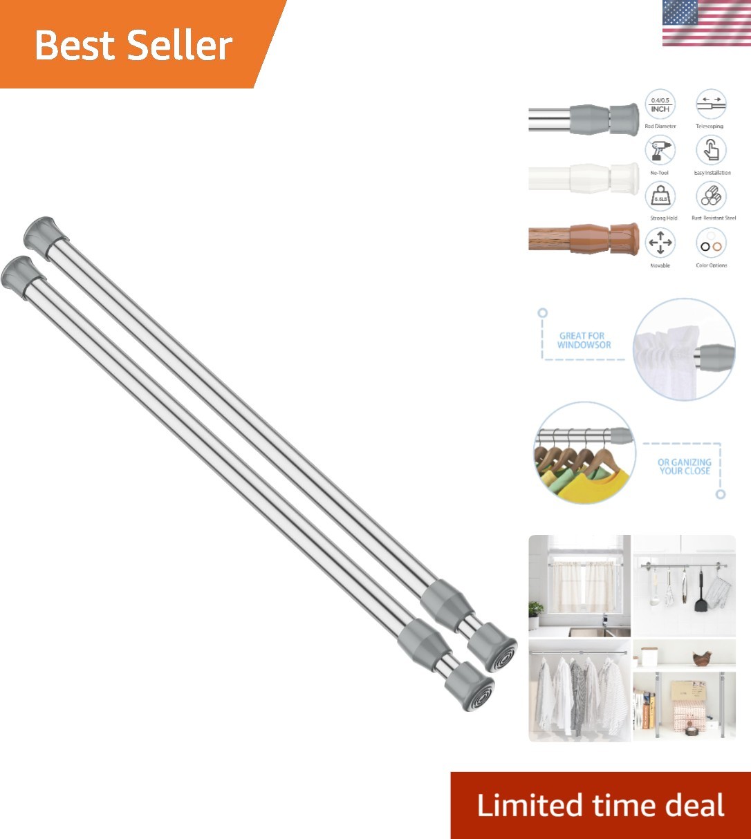 2Pcs Non-Slip Adjustable Silver Tension Rods 17″ to 28″ for Home Decor