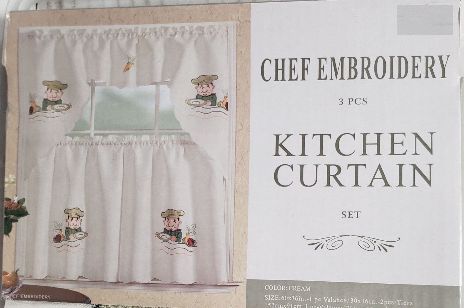 3 pc. Embroidery Curtains Set: 2 Tiers & Swag, FAT CHEF W/ SOUP PLATE, Mys