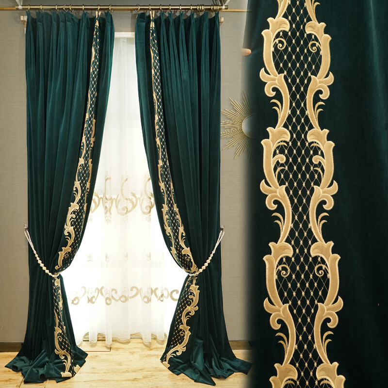 luxury peacock blue embroidery velvet cloth blackout curtain tulle drape C911