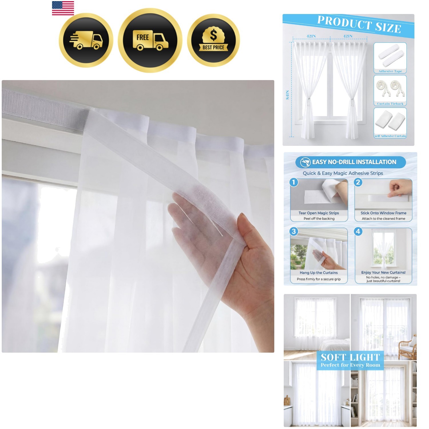 2 Panels Self-Adhesive White Sheer Curtain for Windows, 42″ W x 84″ L,No Dril…
