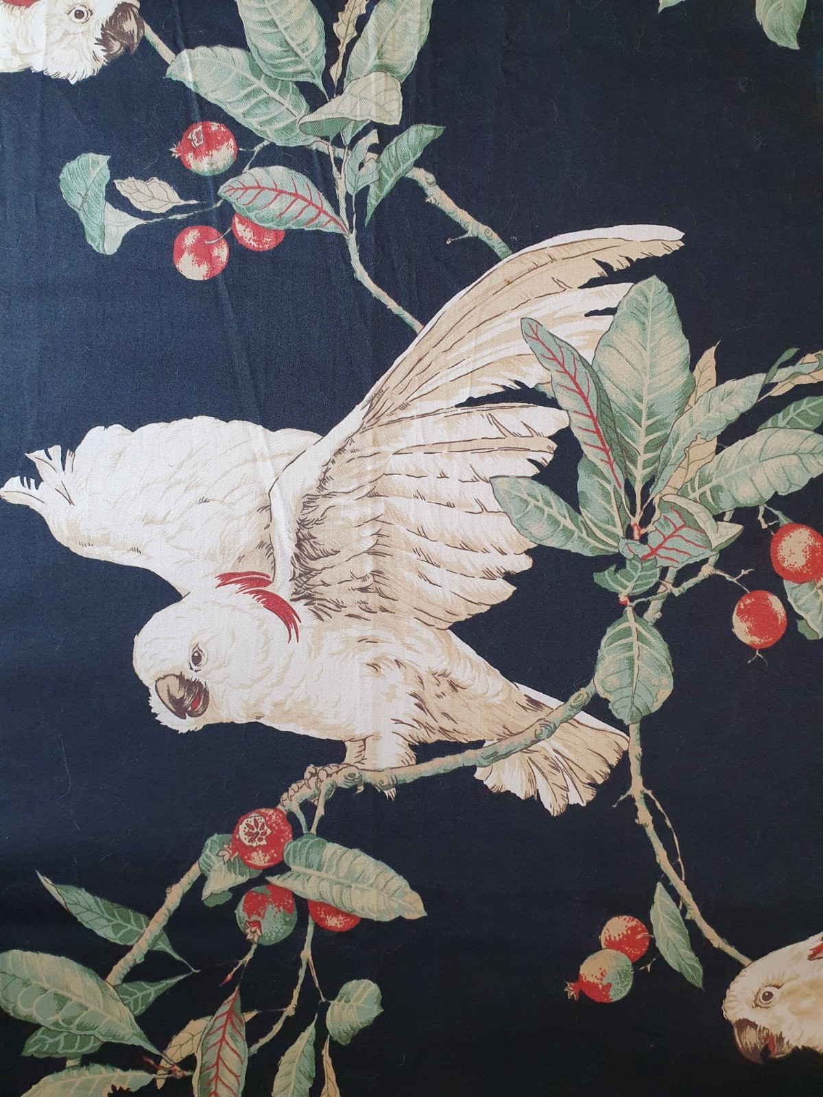 Custom Drapery Panels 2 Lined Unused Black Sateen Birds Leaves 78″x94 Each Panel