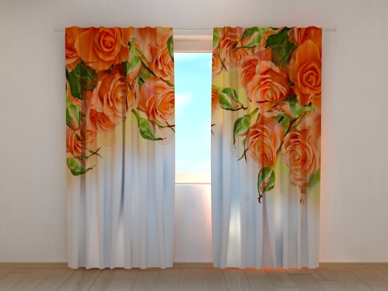 Window Curtain with Orange Roses Print Floral Ready to Hang Wellmira Bedroom