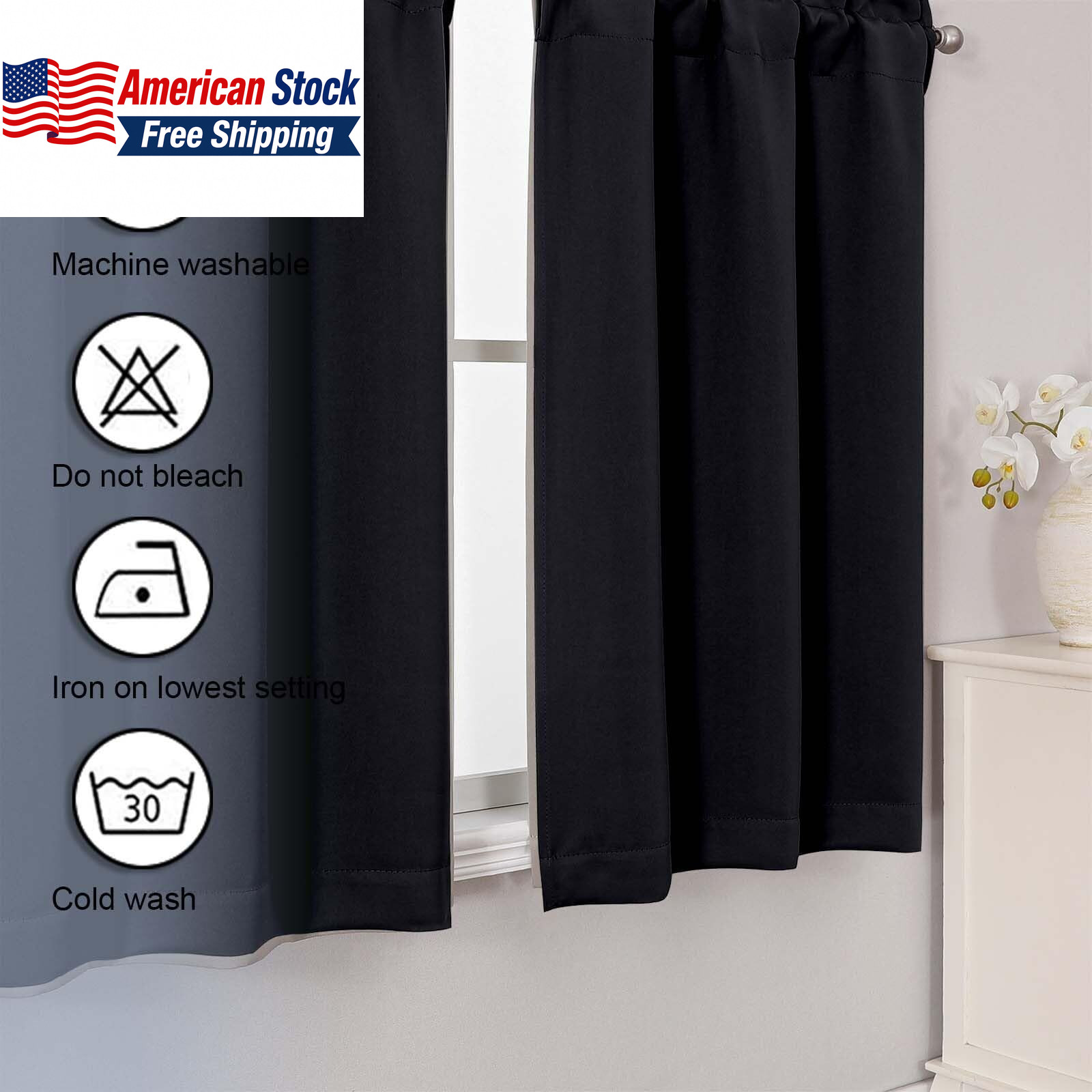 2PCS Blackout Tier Curtains 30x36in Black Thermal Insulated FROM USA