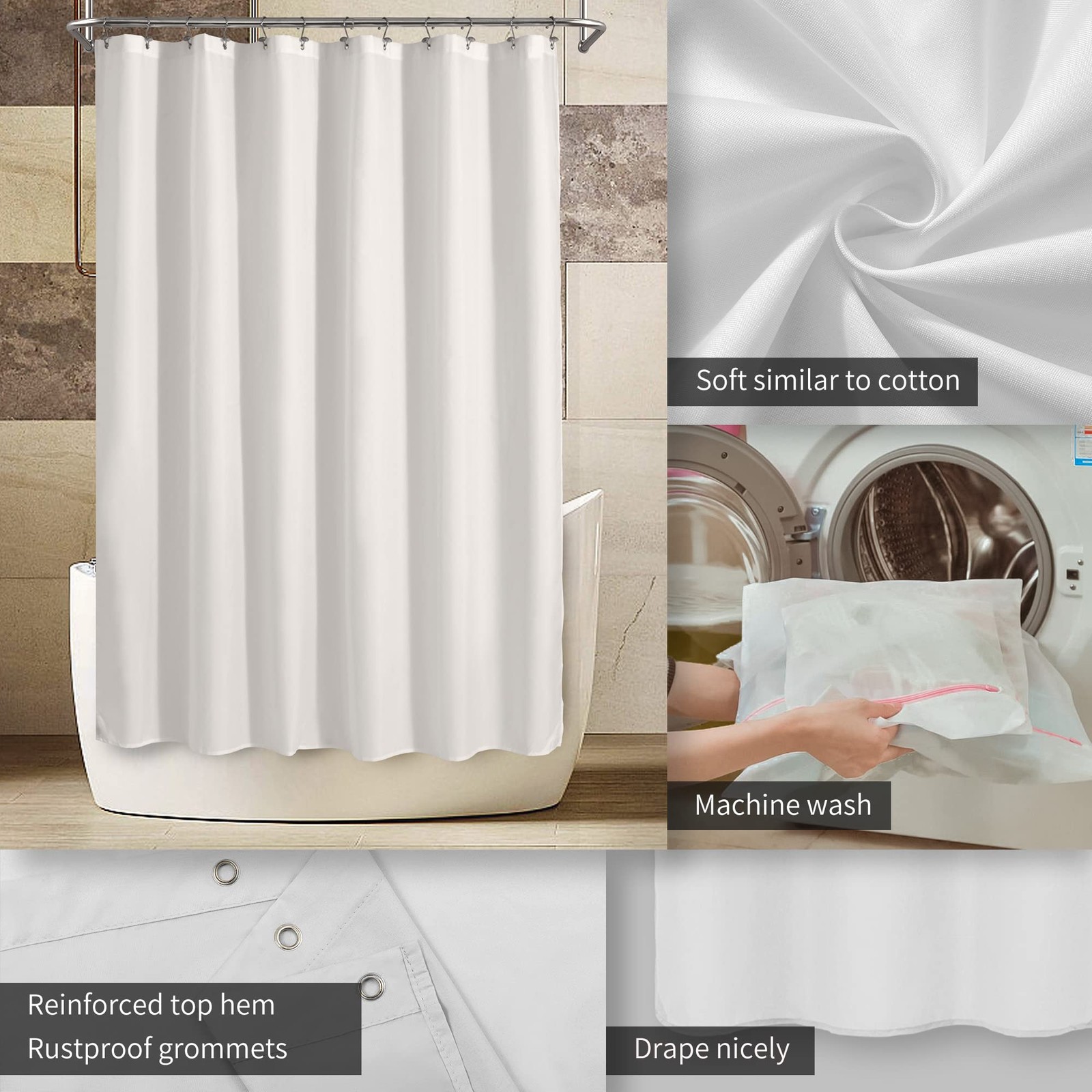 ALYVIA SPRING Long Fabric Shower Curtain Liner 72″W x 74″L (Pack of 1), White