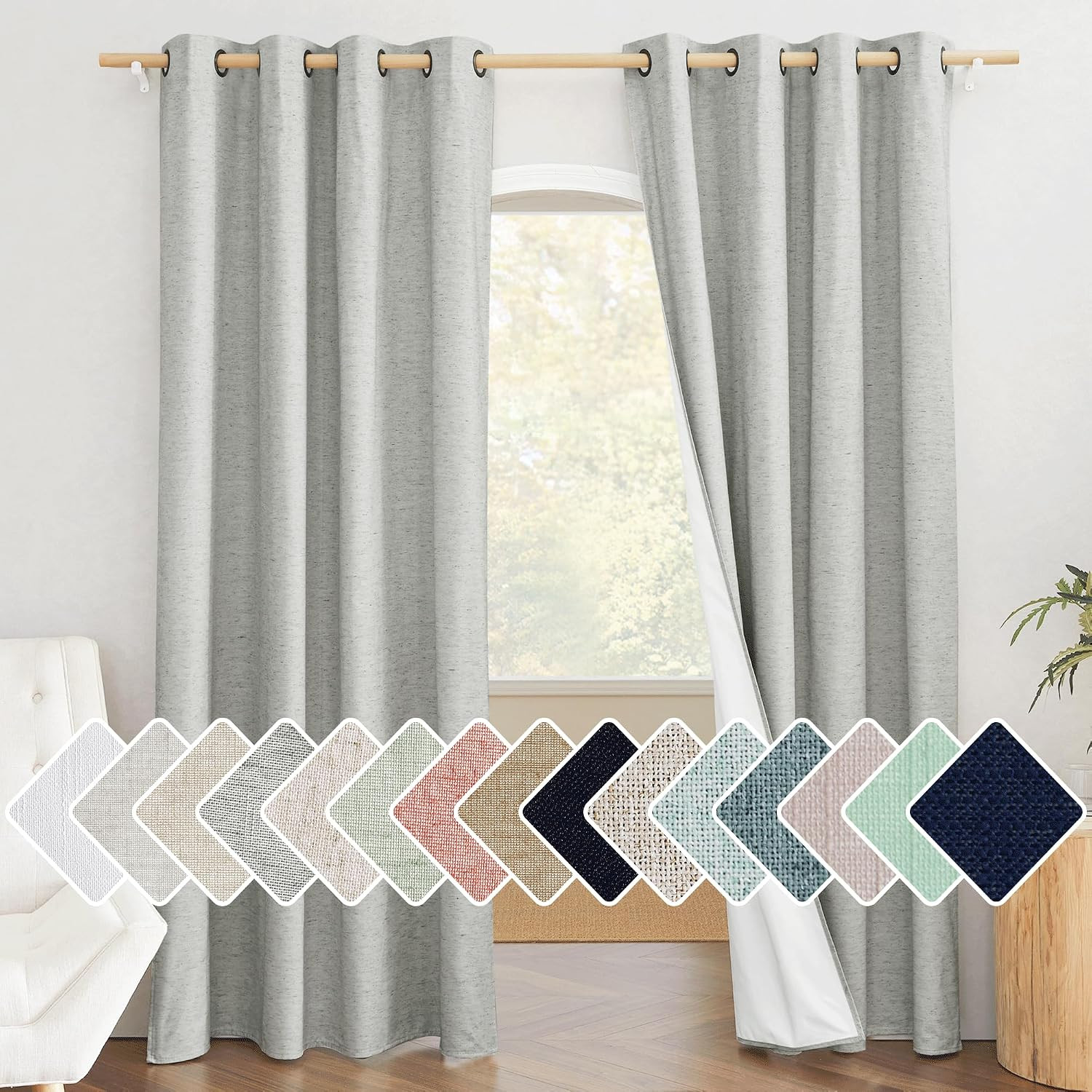 Grey Full Shade Room Warming Linen Curtain Panels 84 Inches Long, Pair of Energy