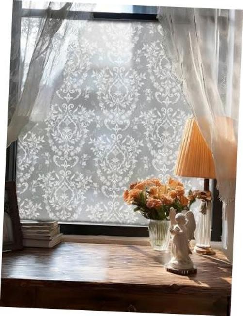 Frosted Damask Window Privacy Film, 78.5″ L x 17.5″ W, Decorative Non-Adhesive