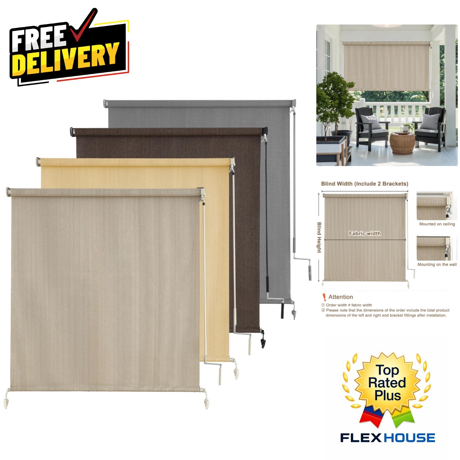 Cordless Outdoor Shades 96×96″ for Patio Privacy & UV Protection – Sesame