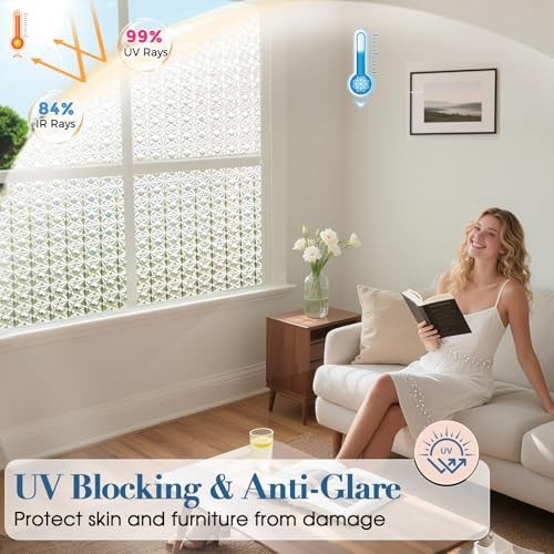 3D Diamond Frosted Glass Window Privacy Film, 17.5 x 78.7 Inch White-star