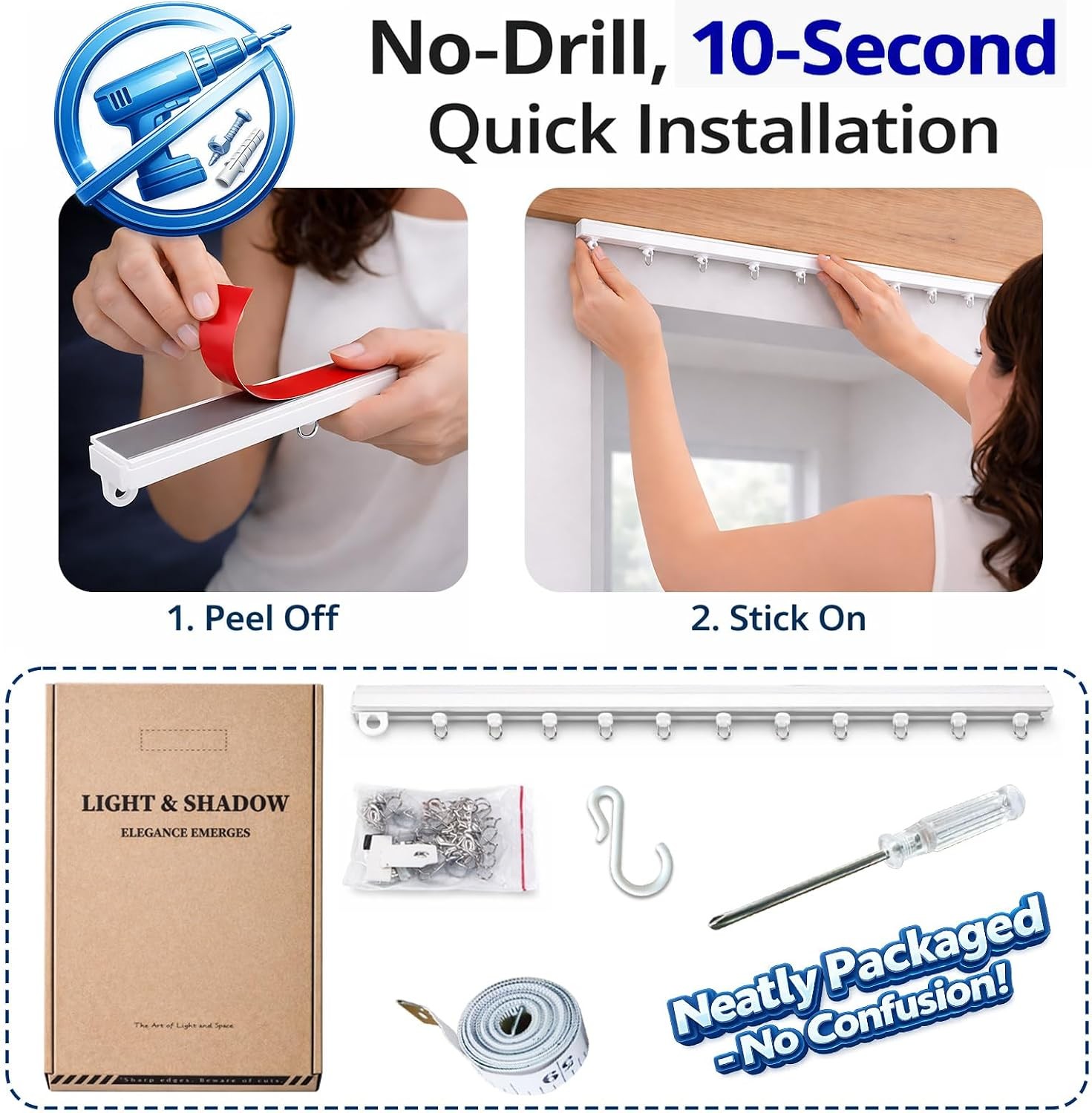 Self Adhesive Curtain Track, No Drill Adhesive Curtain Track, Peel and Stick