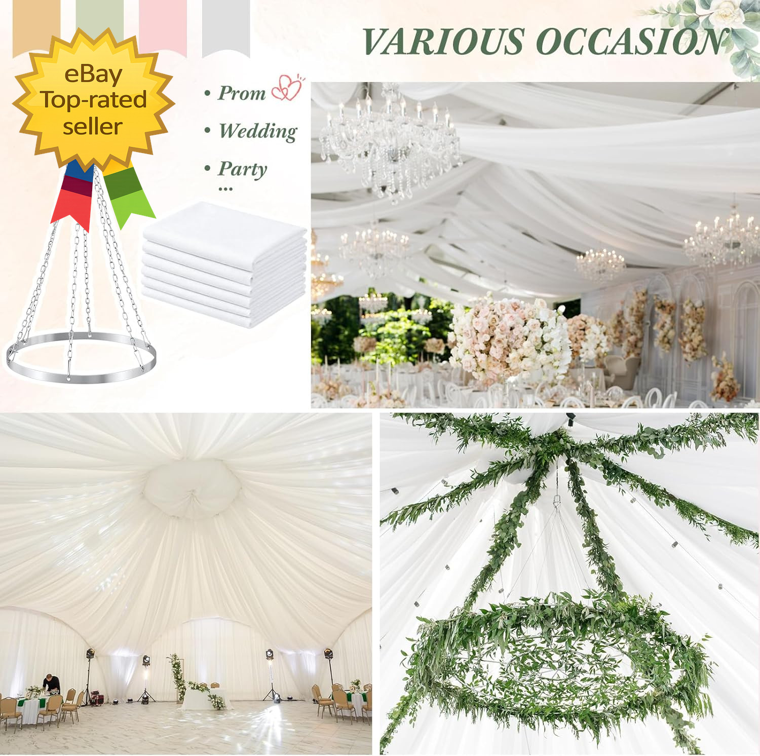 5Ft X 20Ft 6 Panels 12 Inches Ceiling Drapes Hanging Kit with Drapery