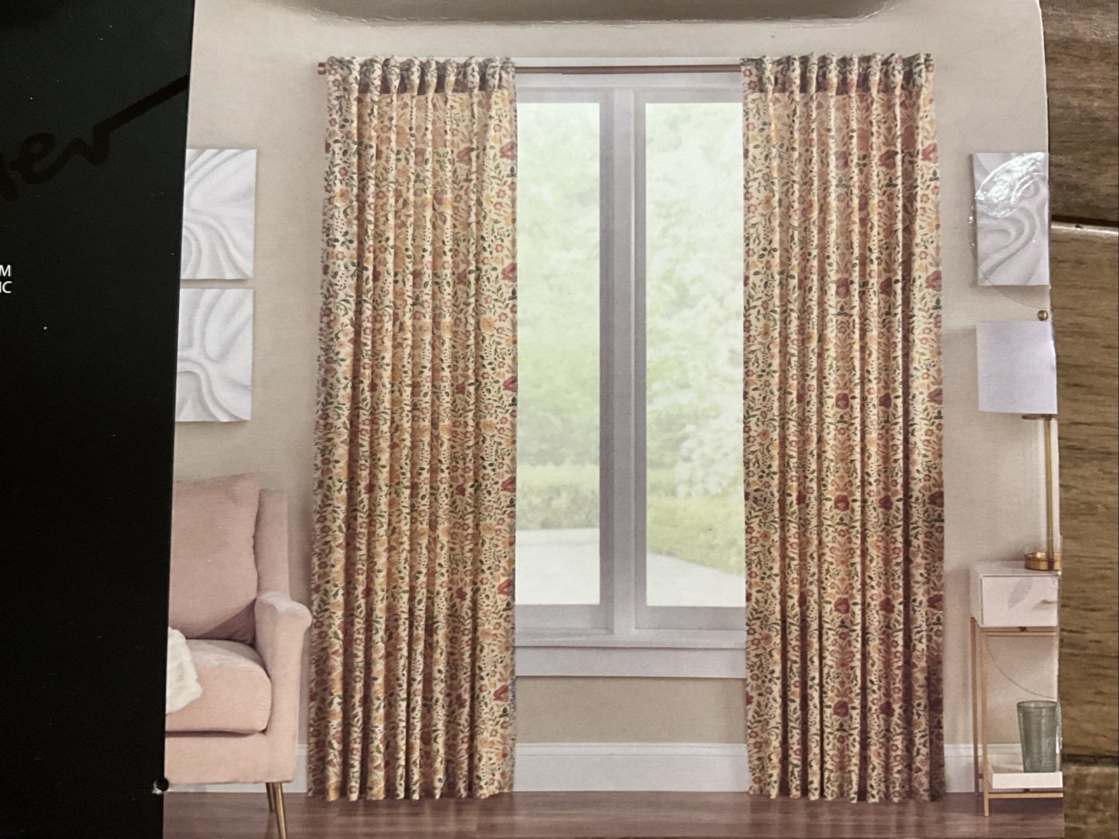 Nicole Miller Floral Jacobean Cotton Two Back Tab Window Panels – New – 50 x 96”