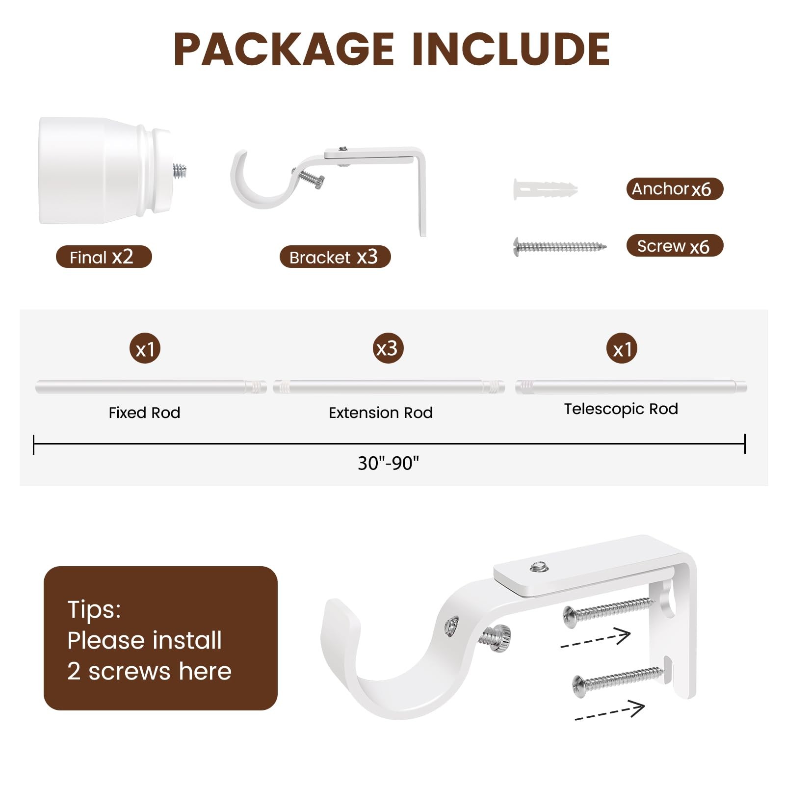 1” Diameter Matte White Curtain Rod Itself is 30-90 Inch 1 Pack