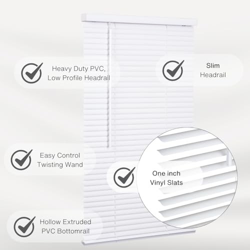 Cordless Mini Blind, 1″ Vinyl Slats, 45″ Wide x 72″ Long – 45″W x 72″H White