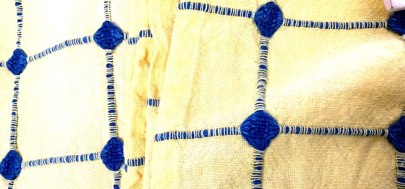 Crewel embroidery handmade window curtains set checker wood buttons yellow blue