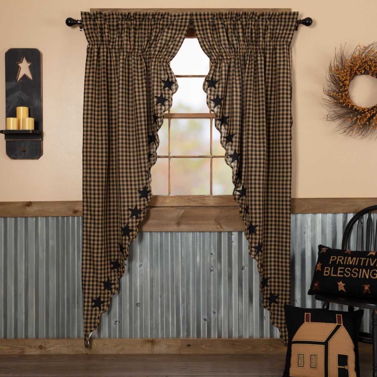 Country Village Shoppe Black Star Prairie Gathered Curtains 36×84 Rod Pocket Pai