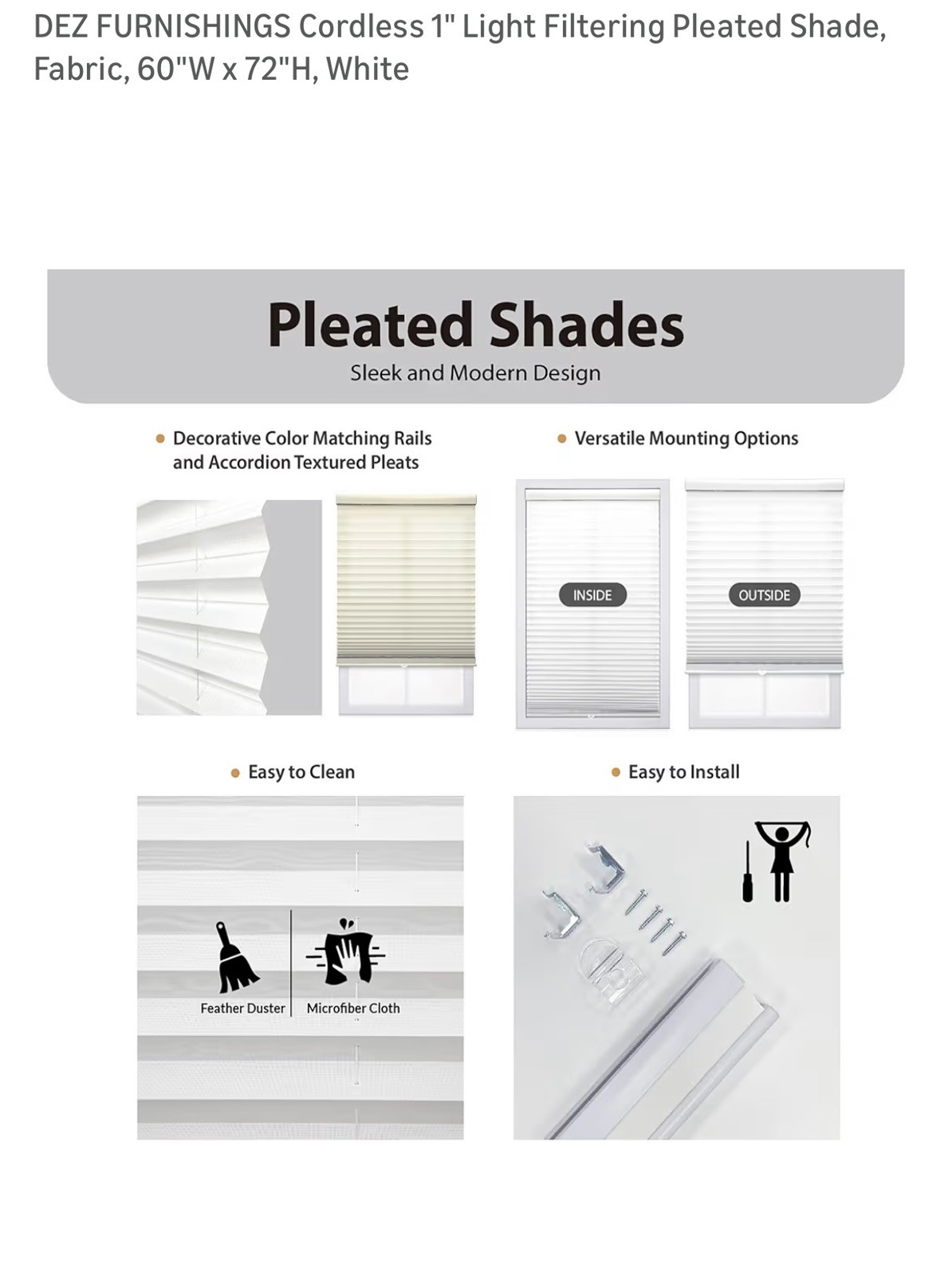 Cordless 1” Light Filtering Pleated Shades. 60”W x 72”H, White
