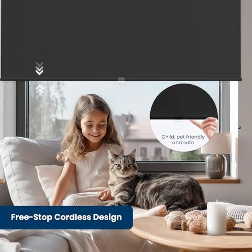 100%out Roller Shades Cordless Blinds for Indoor Windows,Free 23″W x 72″H Black